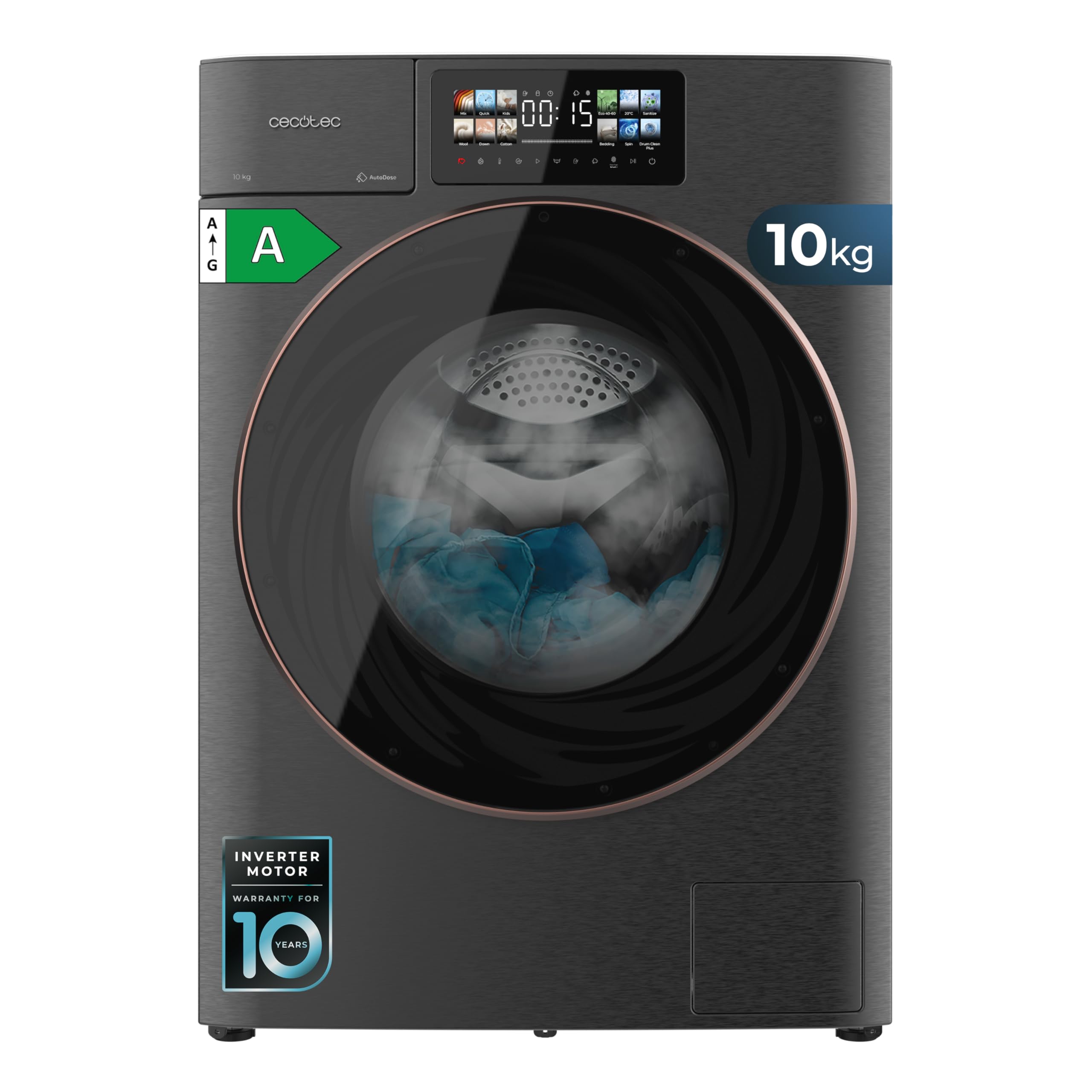Cecotec Washing Machine Dryer 10-6 kg Front Load Bolero Wash&Dry 106950 Autodose Inverter 3D Steel A, 1400 rpm, 13 programs, Motor Inverter Plus, Core Matrix Screen 9.2", Smooth Wash, XXL door