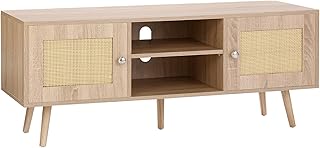 VEVOR Rattan TV Stand, Boho TV Cabinet for 55 inch TV, Mid Century Modern TV Stand, Rattan TV Console with Adjustable Shelfs for Living Room, Media Room, Oak