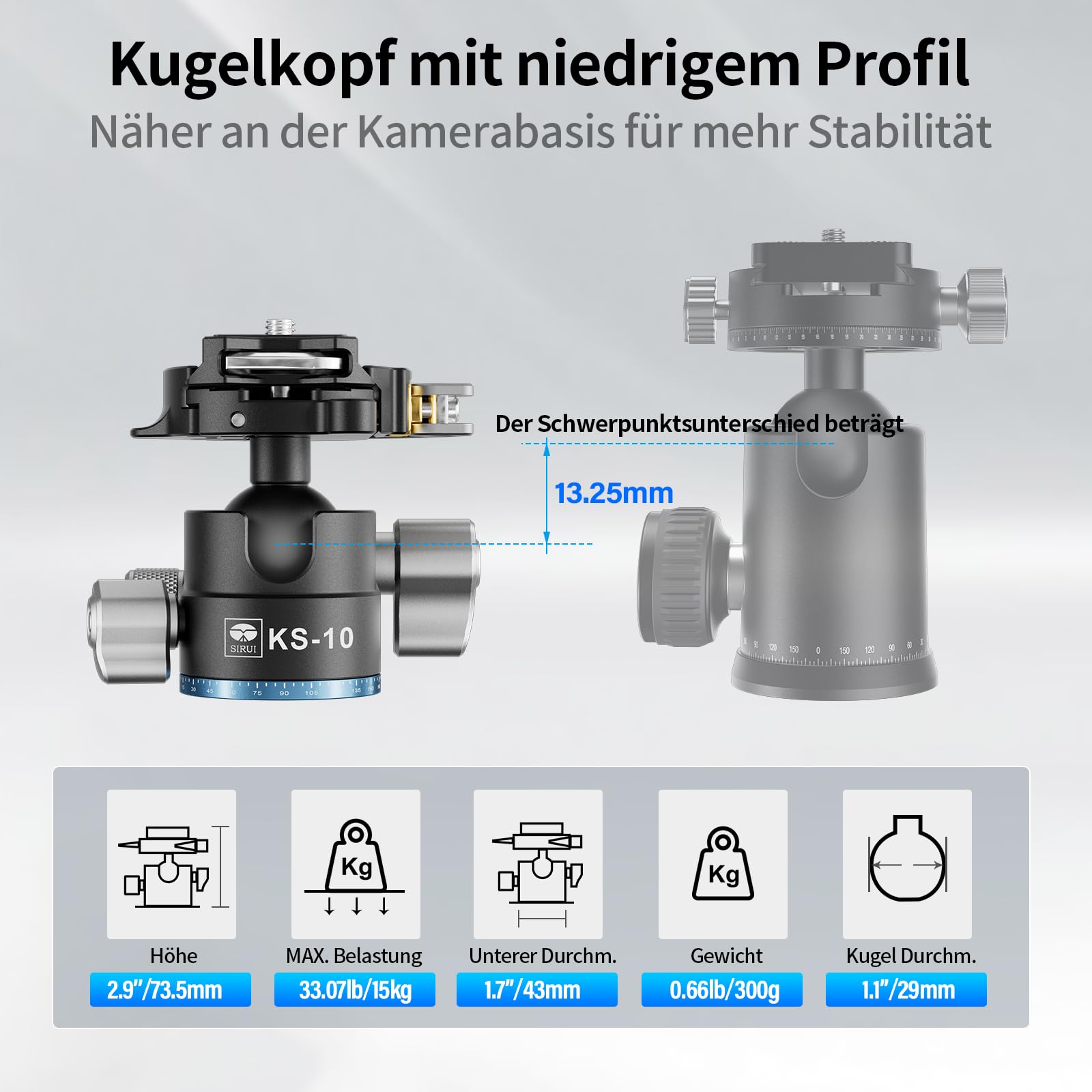SIRUI KS-10 Kugelkopf Low Profile für Stativ, 29 mm 360° Panorama Aluminium Stativkopf für Kamera, Camcorder, Kugelkopf für Stativ, Einbeinstativ, Maximale Belastbarkeit 15 kg
