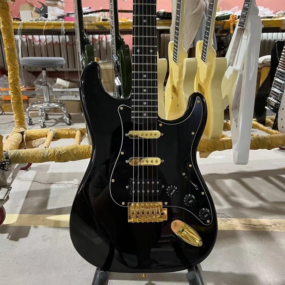 Amazon | エレキギターソリッドボディ黒色ローズウッド指板ゴールデン  