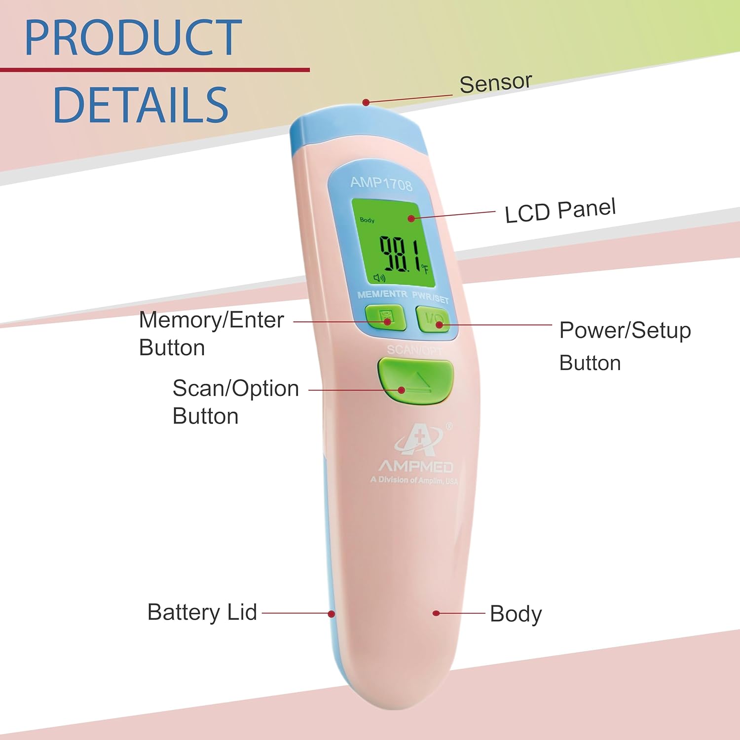 Diagram labeling the parts of the Amplimite Ampmed thermometer, including the sensor, LCD panel, Memory/Enter button, Power/Setup button, Scan/Option button, Battery Lid, and Body.