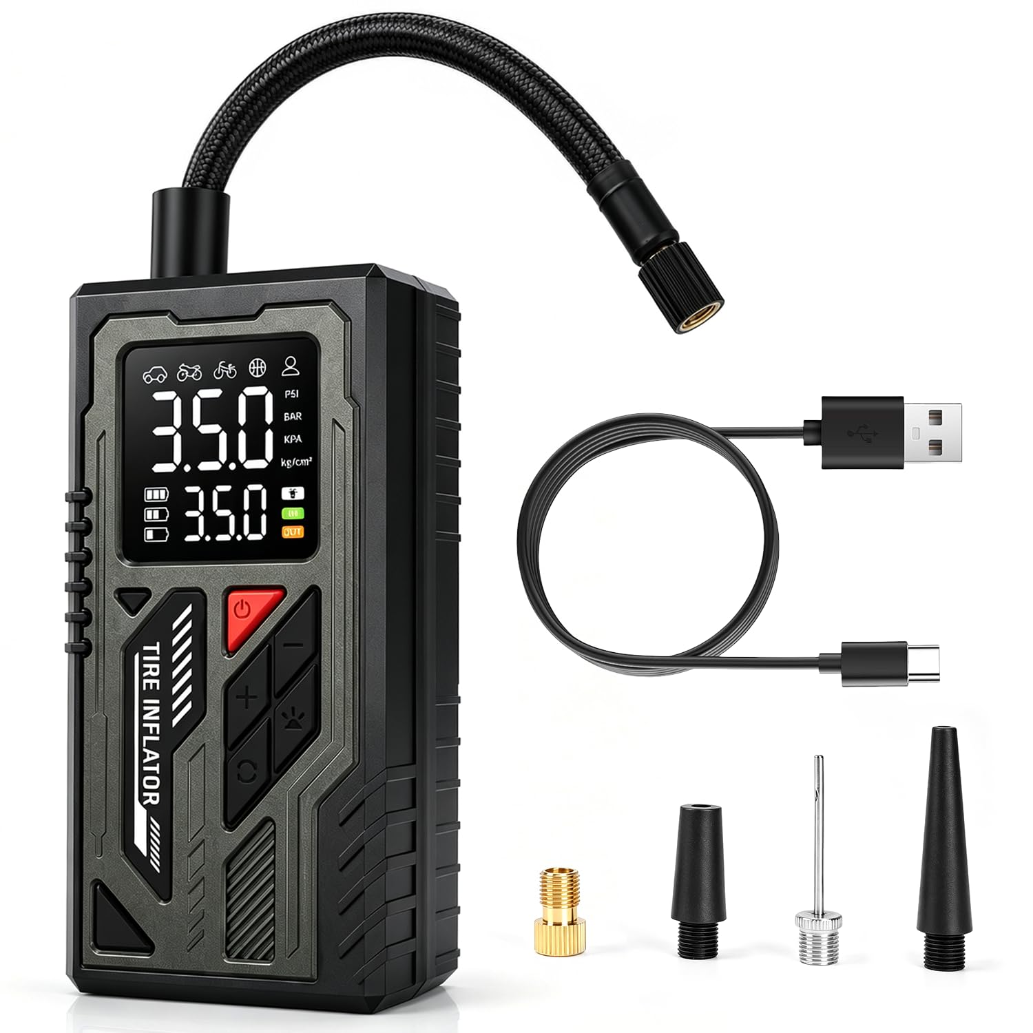 Tyre Inflator Air Compressor, Portable Cordless Air Pump with Smart Digital Pressure Gauge, 150PSI Electric Pump with Emergency LED Light & Power Bank, Auto Shut-Off for Car, Bike, Motorcycle, Ball