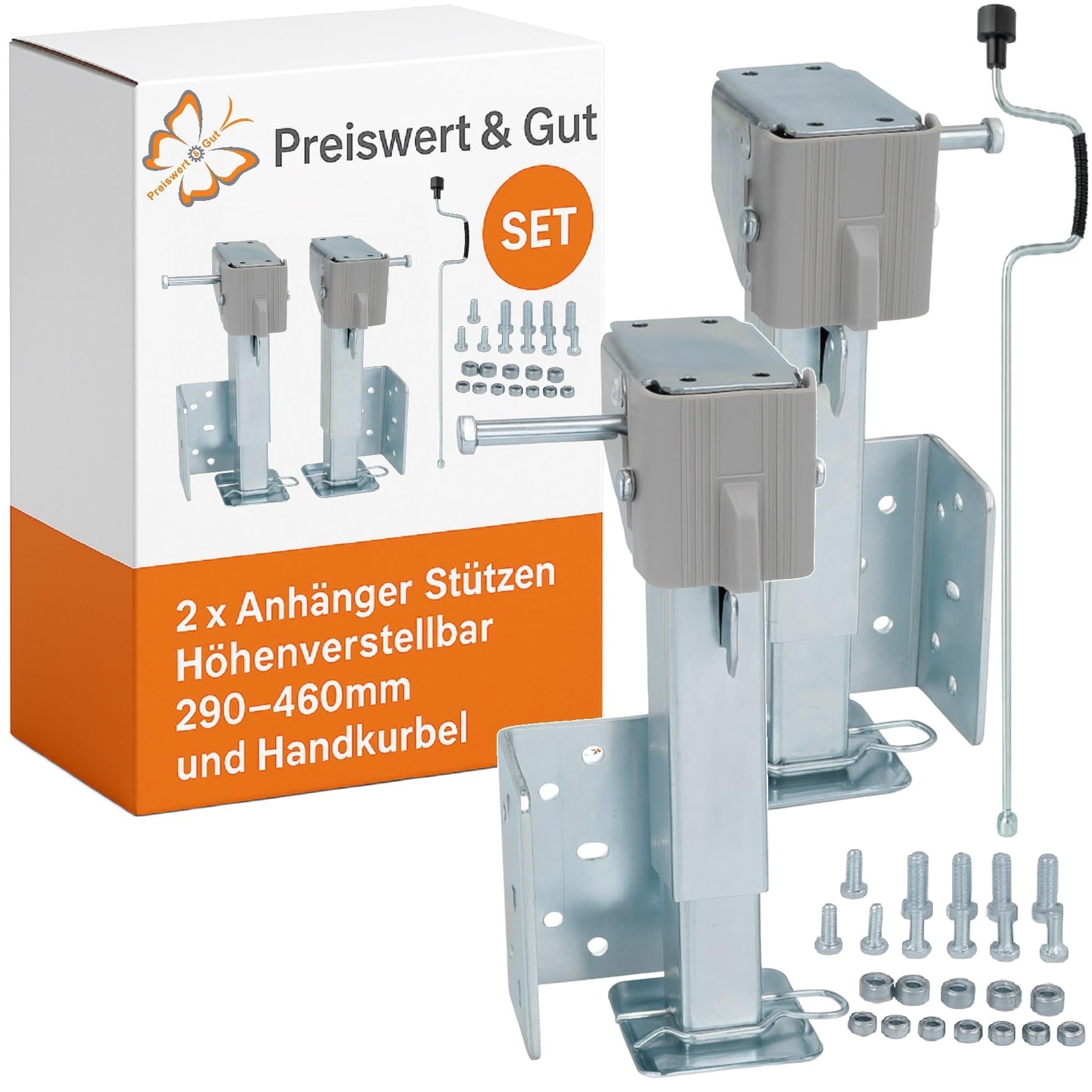 Preiswert & Gut 2 STK Stützen höhenverstellbar klappbar, Stahl verzinkt 290-460 mm | Kurbelstütze Set mit Befestigungsmaterial für Wohnmobil und Wohnwagen, bis 500 kg, Preiswert&Gut