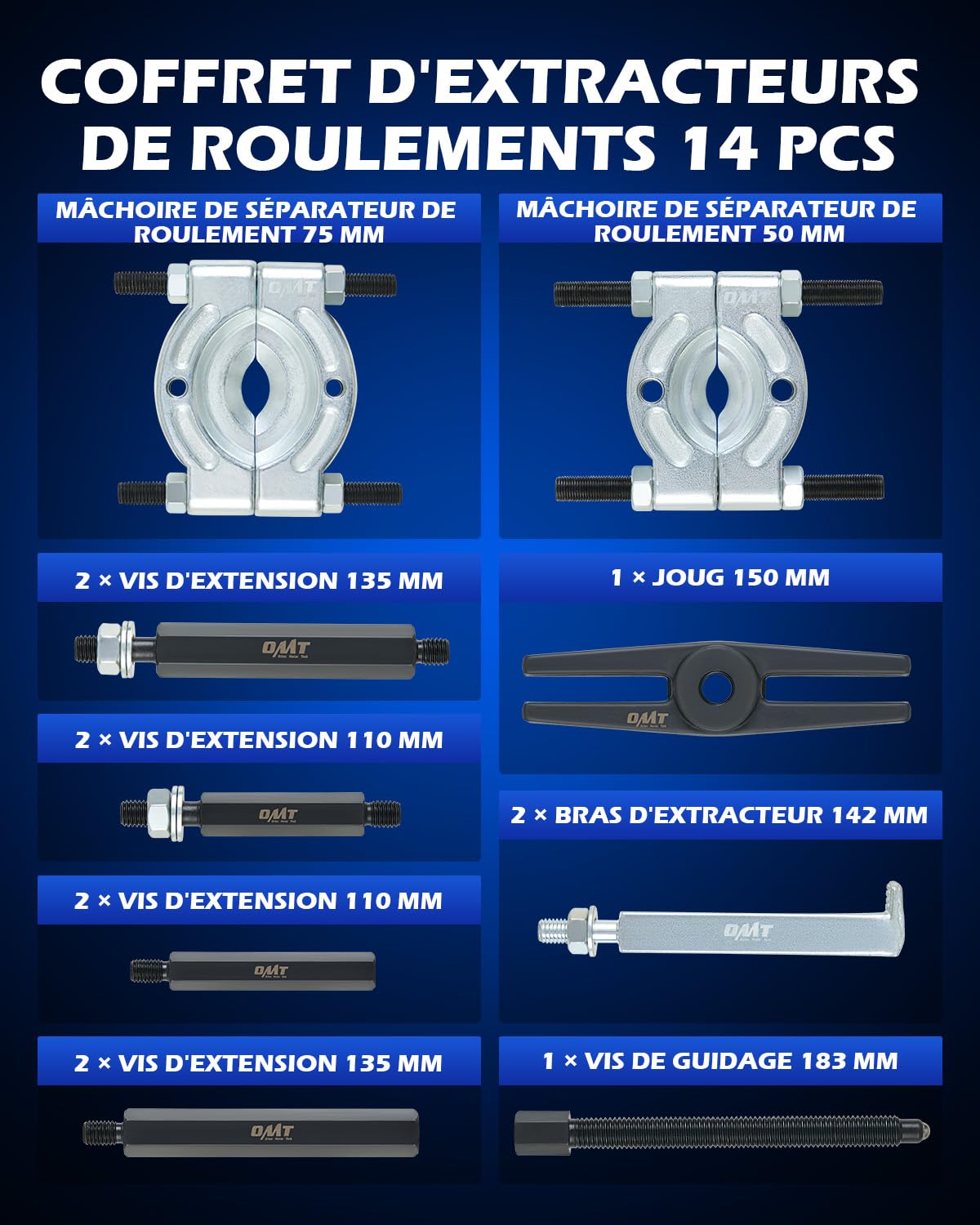 Orion Motor Tech Arrache Roulement 5 Tonnes, Kit Extracteur de Roulement avec Séparateur de 2" et 3", Coffret Arrache Moyeu Professionnel pour Arbres d'Essieu, Poulies et Volants, Acier Cr-V