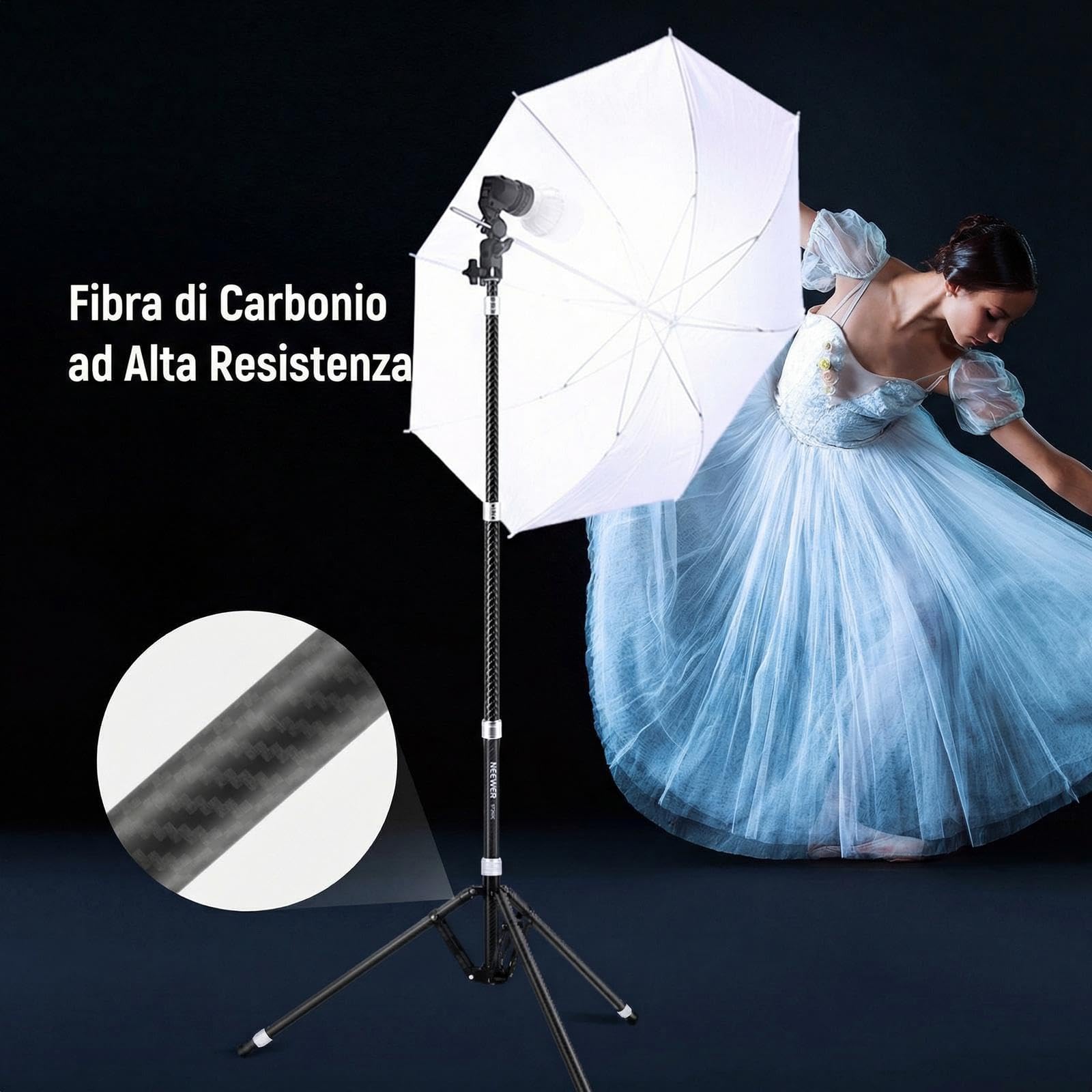 NEEWER Treppiede Luce in Fibra Carbonio con Gambe Reversibili, Stativo Luci Fotografiche Portatile Leggero 89-260cm per Strobo Softbox Ring Light Action Cam DSLR per Streaming Video, Max 3kg, ST260C