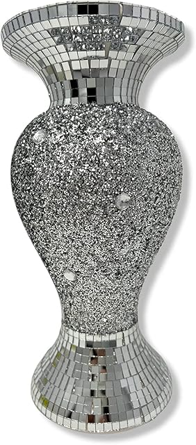 Silver Vase Statue Sparkle Ornament Bling Crushed Diamond Gift | Fully Crushed mirrored flower pot with floral design - VM 459| Crushed Diamond Display |Gift Present for all occasion Home Decoration