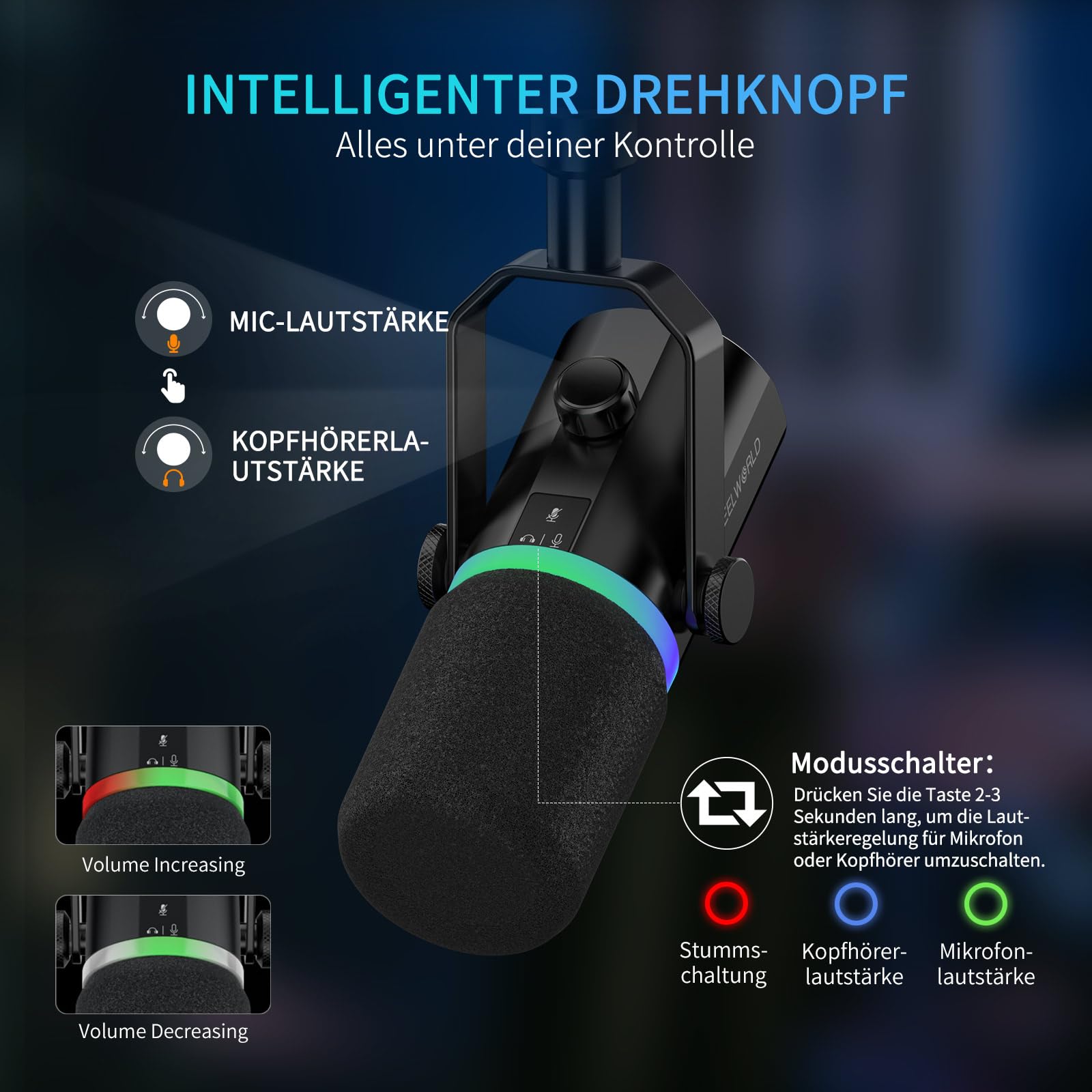 FEELWORLD PM1 XLR/USB Dynamisches Mikrofon für Podcast-Aufnahmen, Gaming-PC-Computer-Mikrofon mit RGB-Licht, Stummschaltung, Kopfhöreranschluss, Herzförmige Richtcharakteristik, für Studio YouTube.