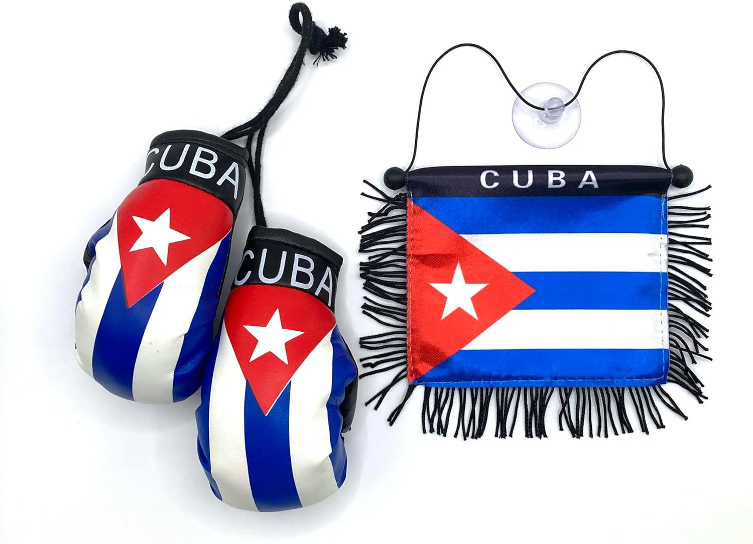 Cuban Flag for Car Mirror Hanging – 2-Pack Premium Mini Cuba Window Flags for Cars – Cubano Style Car Accessories Mini Boxing Glove Combo set