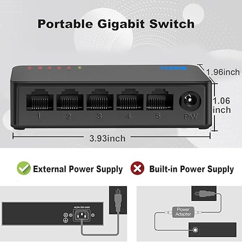 Miniatura 2 de Interruptor de red Gigabit de 5 puertos, interruptor portátil  Plug & Play  Carcasa sin ventilador, negro, para el hogar, oficina, interruptores