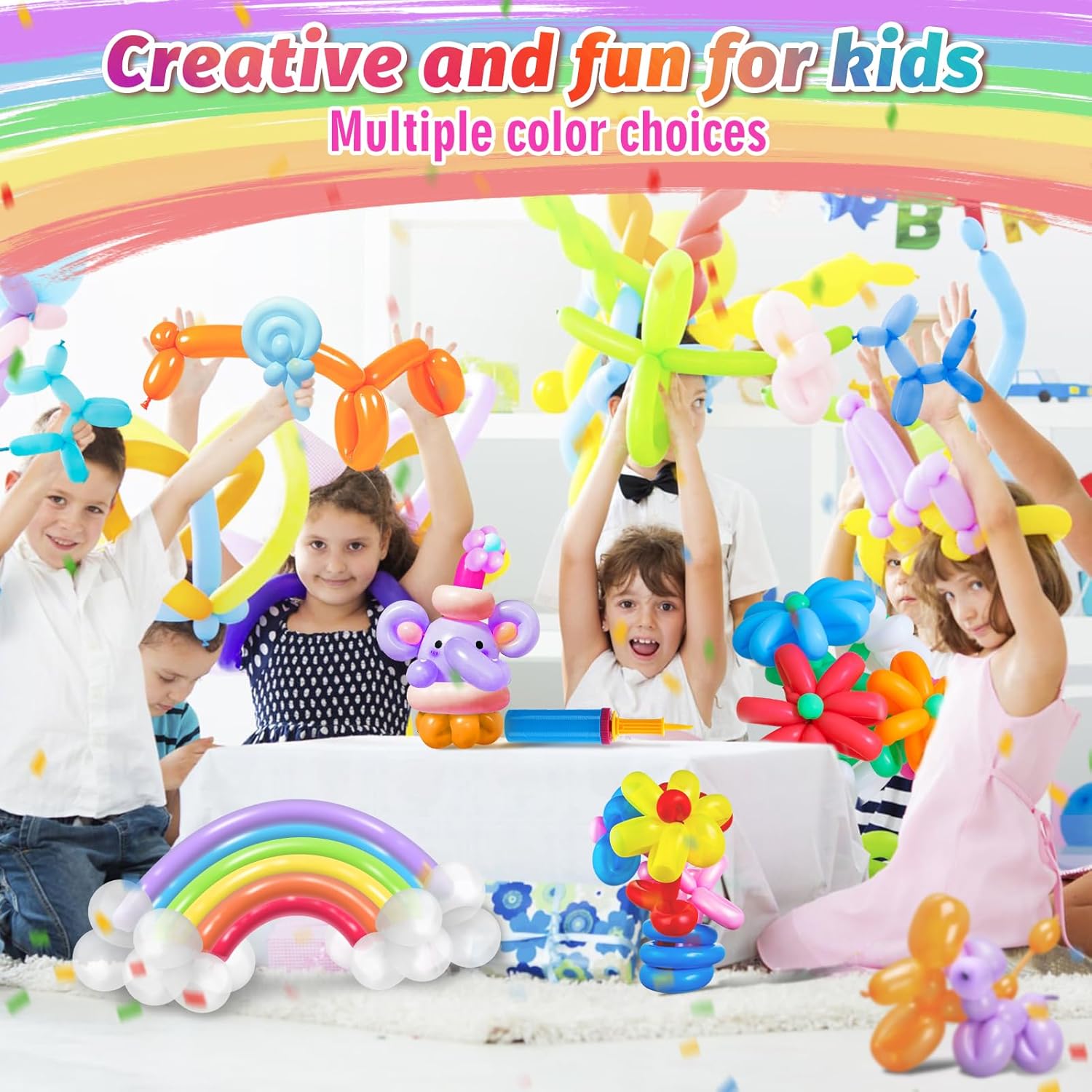 100 Pcs 260Q Balloons Kit with Pump - Kids Premium Latex Twisting Long Balloons to Make Animals Flowers, Fun Rainbow Balloons for Party Boys Girls Christmas Birthday Gifts Clowns Wedding Decor image 2 of 7 B07PMPJ3XX