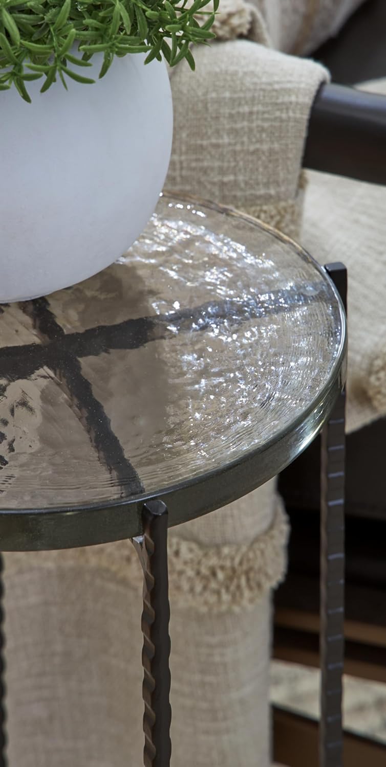 Signature Design by Ashley Newgoren Industrial Glass Tabletop Accent Table with Patterned Rod Legs, Black & Glass