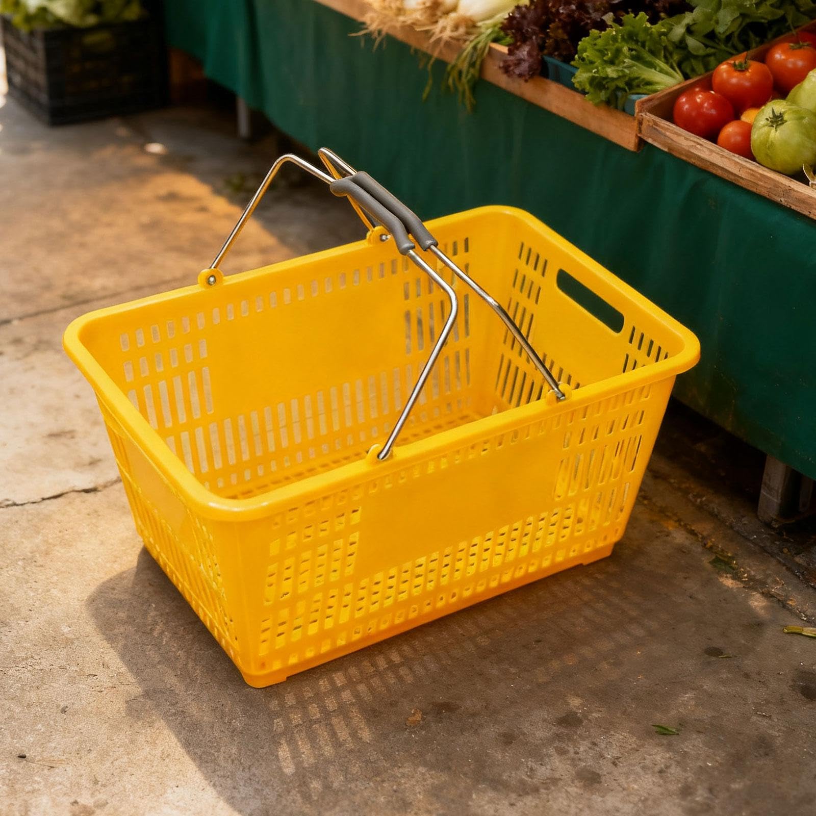 Einkaufskorb, Supermarkt-Organizer, tragbarer und ergonomischer Eisen-Aufbewahrungskorb mit Griff für Lebensmittel, Spielzeug, Kosmetik, Gelb
