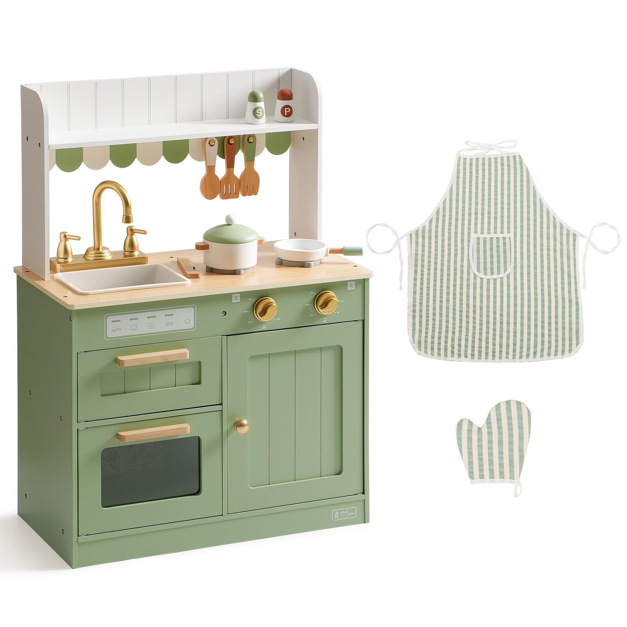ROBUD Cucine da gioco in legno per bambini, con stoviglie, pentole, insalatiera e verdure, adatte per bambini dai 3 anni in su, verde