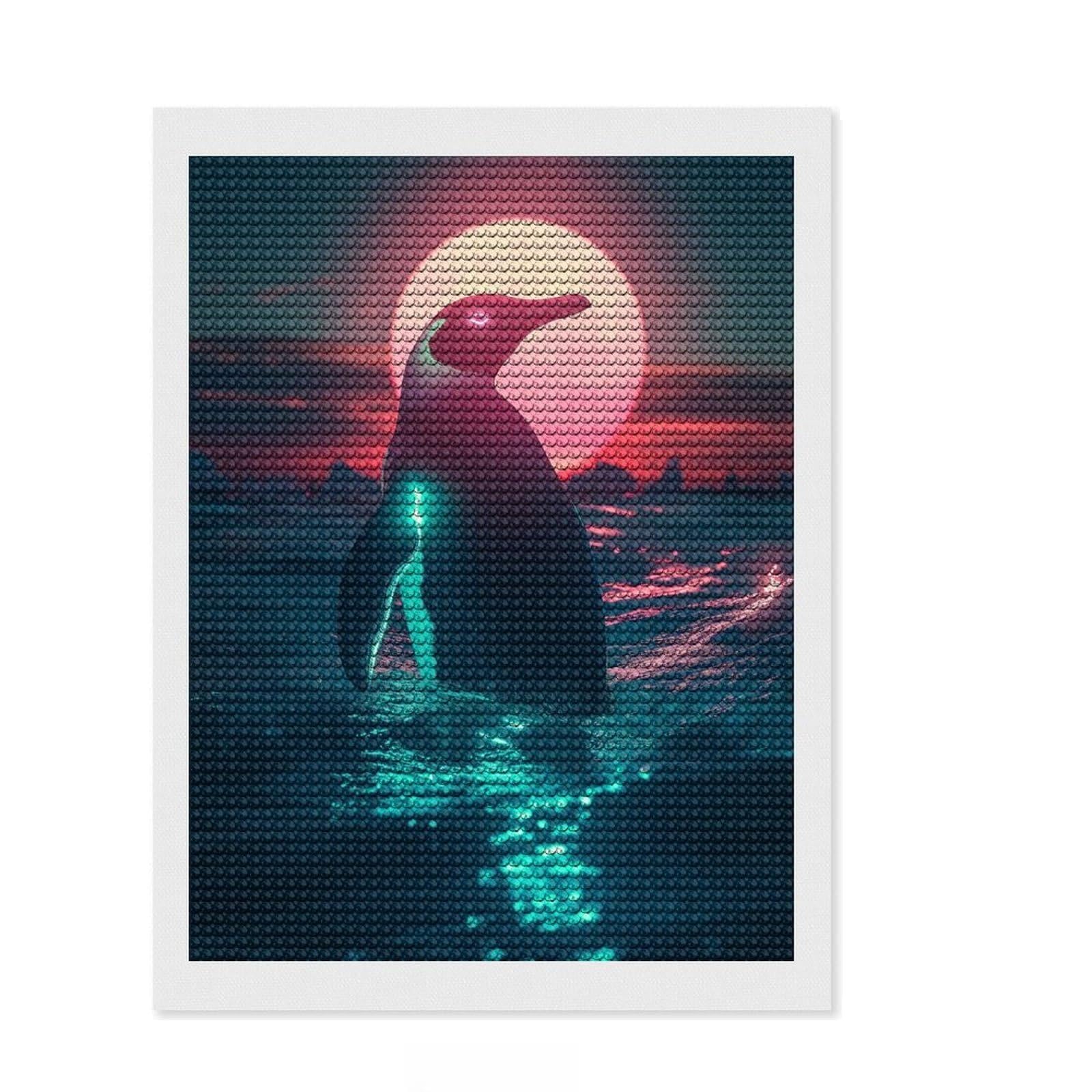 Junmoney Neon Penguin Sunset Diamond Art Kit 12"x16", for Women, for Adults, Full Kit Included, Thoughtful Present, Festive Craft Gift
