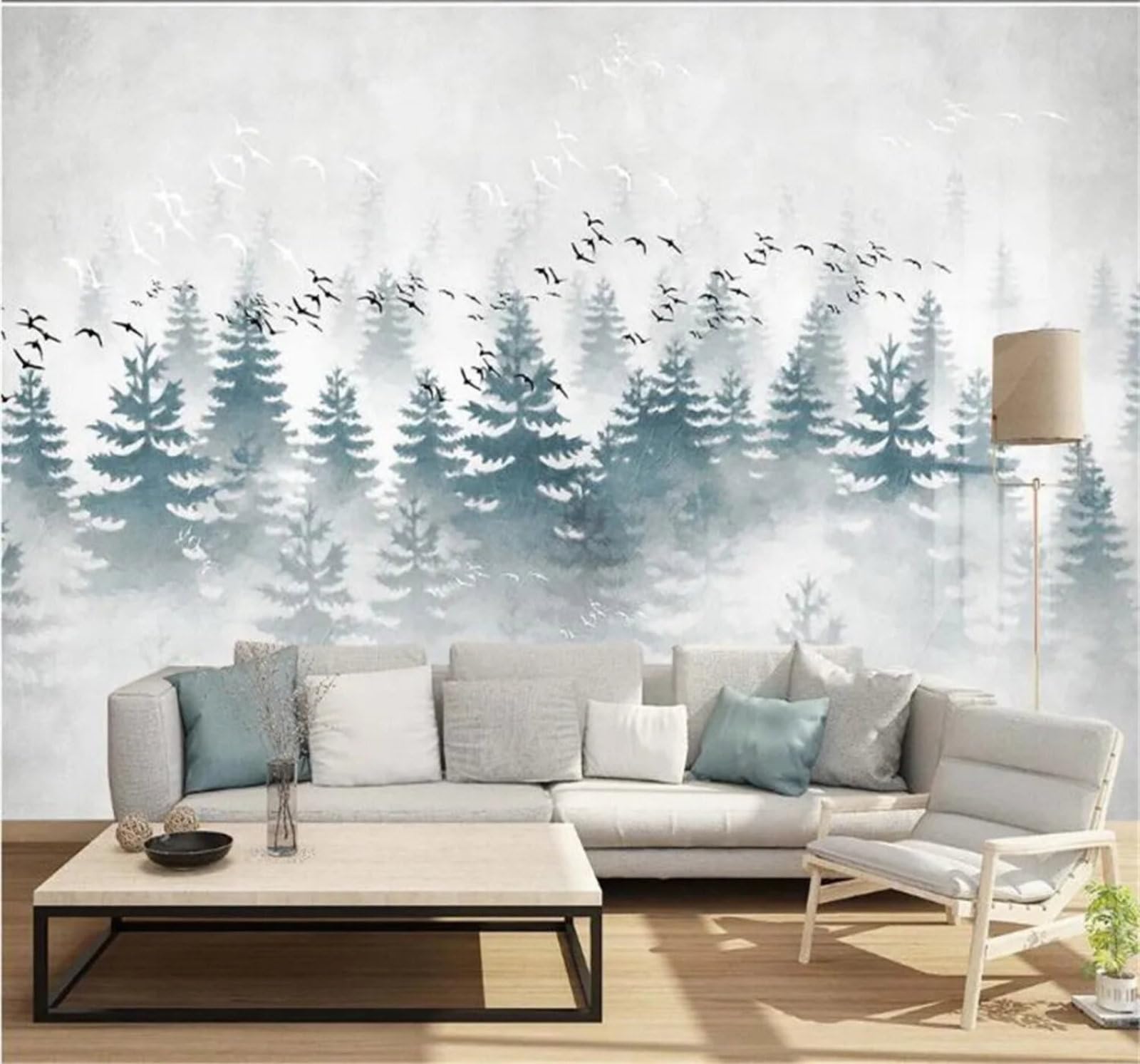 Tzxztt Fresh Atmospheric Pine Forest Mist Birds in Flight Modern 3D Wallpaper Premium Textured Silk Neutral Tones Material Ideal for Living Room Bedroom-150cm×105cm