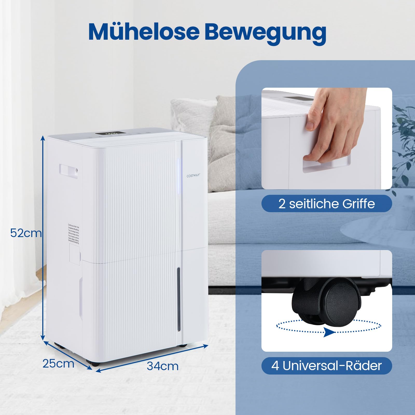 COSTWAY 40 L/Tag Luftentfeuchter, leiser Entfeuchter mit 3 Modi, 24h Timer & LED Anzeige, Raumentfeuchter mit Kindersicherung & Ablaufschlauch, Dehumidifier auf Rollen für Schlafzimmer & Keller