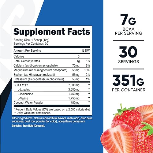 Miniatura 2 de Nutricost BCAA + Polvo de hidratación (fresa, 30 porciones) - Aminoácidos de cadena ramificada con complejo de hidratación, sin gluten, sin OMG,