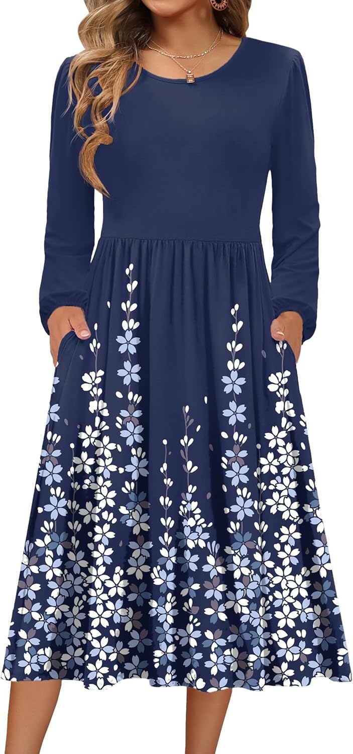 Zeagoo Long Sleeve Dresses for Women 2025 Fall Winter Casual Flowy A-Line Boho Midi Party Long Dress with Pockets