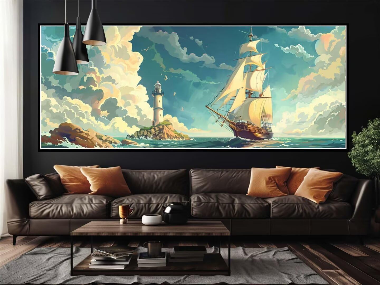 Paint by Numbers Lighthouse Boat Paint by Numbers Kit for Adults, Large Paint by Number Kits DIY Color by Numbers for Adults Arts Crafts for Home Wall Decor (50x100cm/20x40 Inch), No Framed -YH718