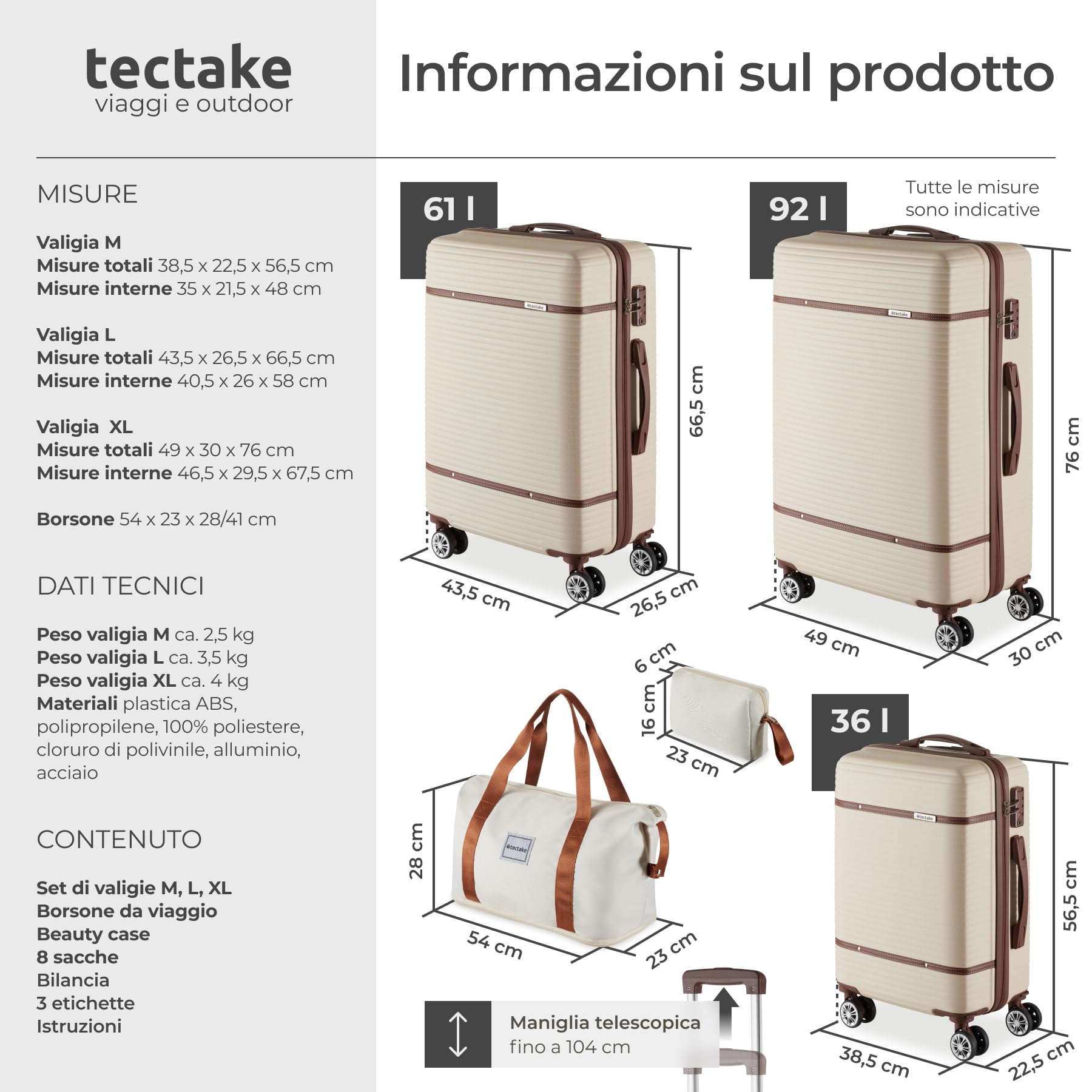 tectake® Set Valigie Da Viaggio, 13 Pezzi, Valigie Impilabili in ABS, Finiture in Similpelle, Rotelle Girevoli a 360°, Lucchetto TSA, Manico Telescopico Regolabile, Interno Separabile – Crema