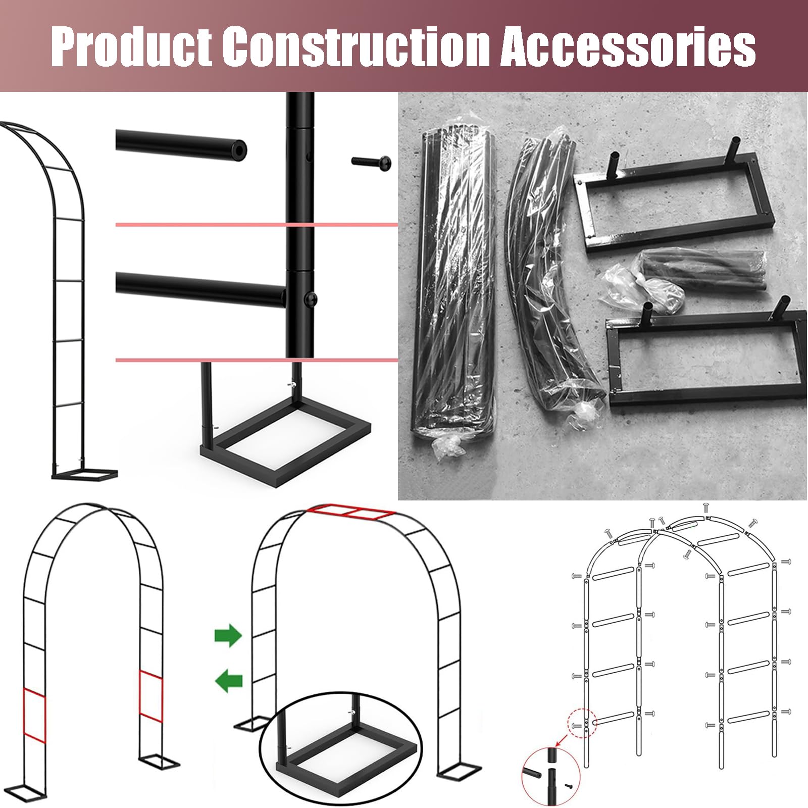 Arco da giardino in metallo resistente, traliccio per rose rampicanti, fiori e verdure, elegante pergolato da giardino nero (2,4 x 2,2 m)