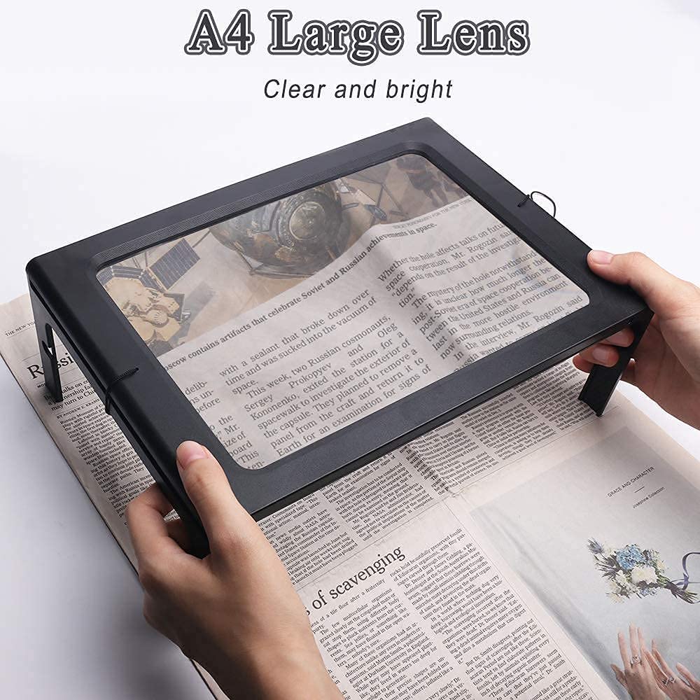 Lupa de Lectura Rectangular A4 de 3 aumentos para página Completa, con Manos Libres, Plegable y Grande, con 4 Luces LED, Ideal para Personas Mayores.