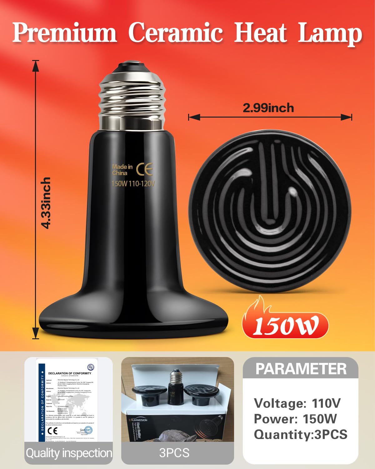 Ruiandsion 150W Ceramic Heat Emitter Bulb 3-Pack – Long-Lasting Nighttime Heating for Reptiles & Poultry, Shatter-Resistant Design for Large Terrariums/Coops - image 5