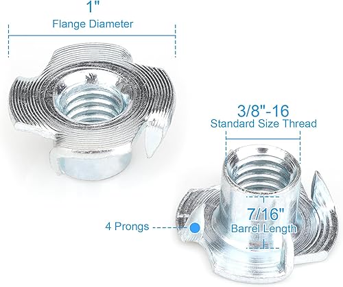 Miniatura 2 de Tuercas en T de 38"-16 (paquete de 100), acero galvanizado resistente a la corrosión, longitud del barril de 716", tuerca en T de 4 puntas para