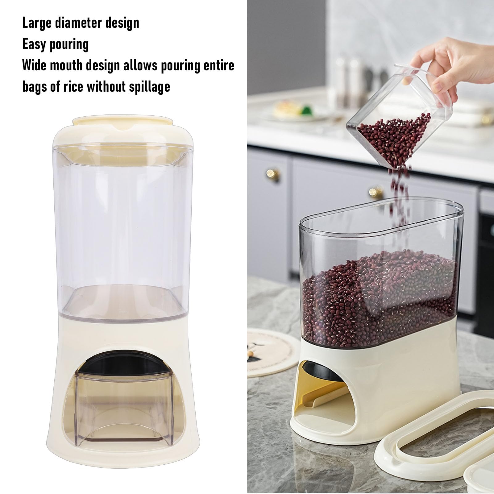 TOPINCN Dispenser Di Riso, Contenitore Per La Conservazione Del Riso Da 3 Litri Dispenser Di Cereali Sigillato Secchio Per Cereali Con Misurino Per Farina Di, Farina Di, (Color crema)