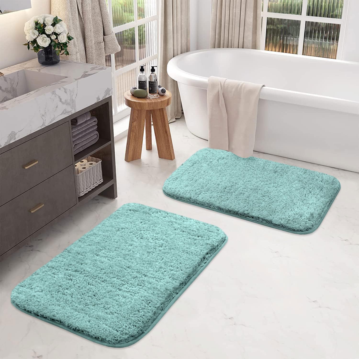 LUXE HOME INTERNATIONAL Microfiber Rectangular Home Bath Mat Super Soft Non Slip Vegas Mats for Bathroom, Kitchen, Bedroom, and Door (40X60 Cm, Aqua) Pack of 2