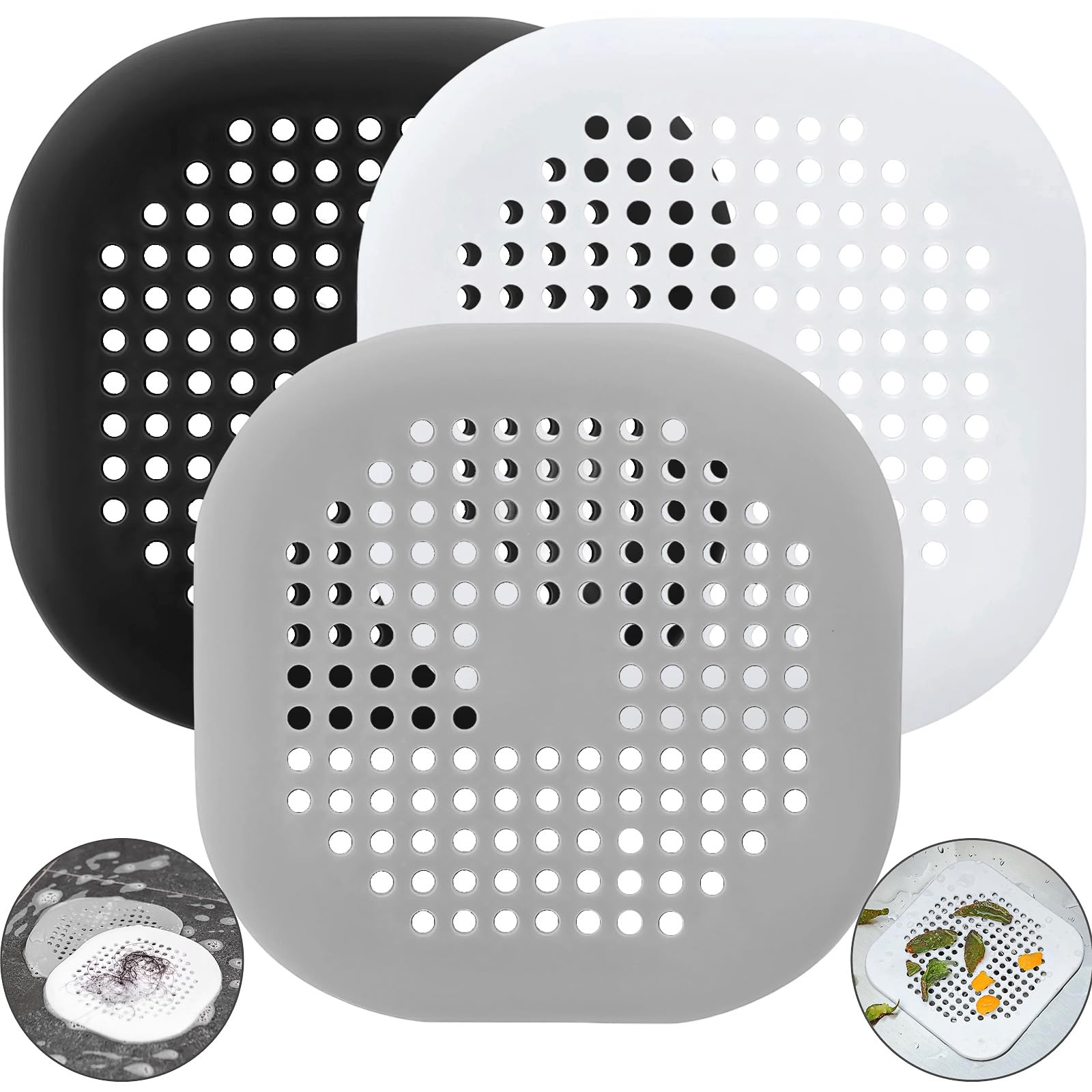 Abflusssieb Silikon,3 Stück Bflusssieb Dusche,Drain ProtectorAbfluss Sieb Sink Strainer Duschabfluss-Filter Duschablauf Haarsieb für Badzimmer Badewanne Küche Waschbecken 14 * 14cm
