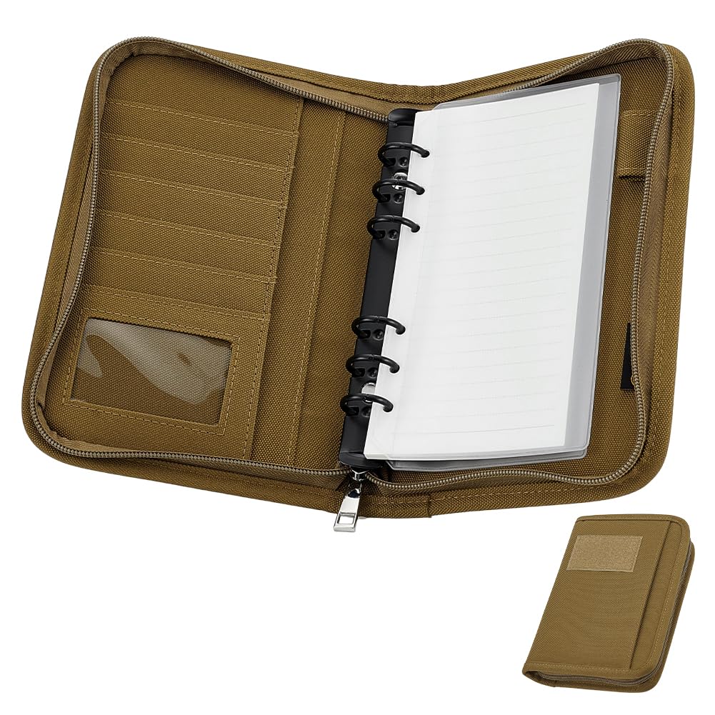 OLYCRAFT Olive Tactical Notebook Padfolio Ring Binder Tactical Notebook with Zippered Refillable 6-Ring A6 Binders with 45 Pages A6 Zipper Binder Zip Hardcover Note Book for Planners Outdoor Travel