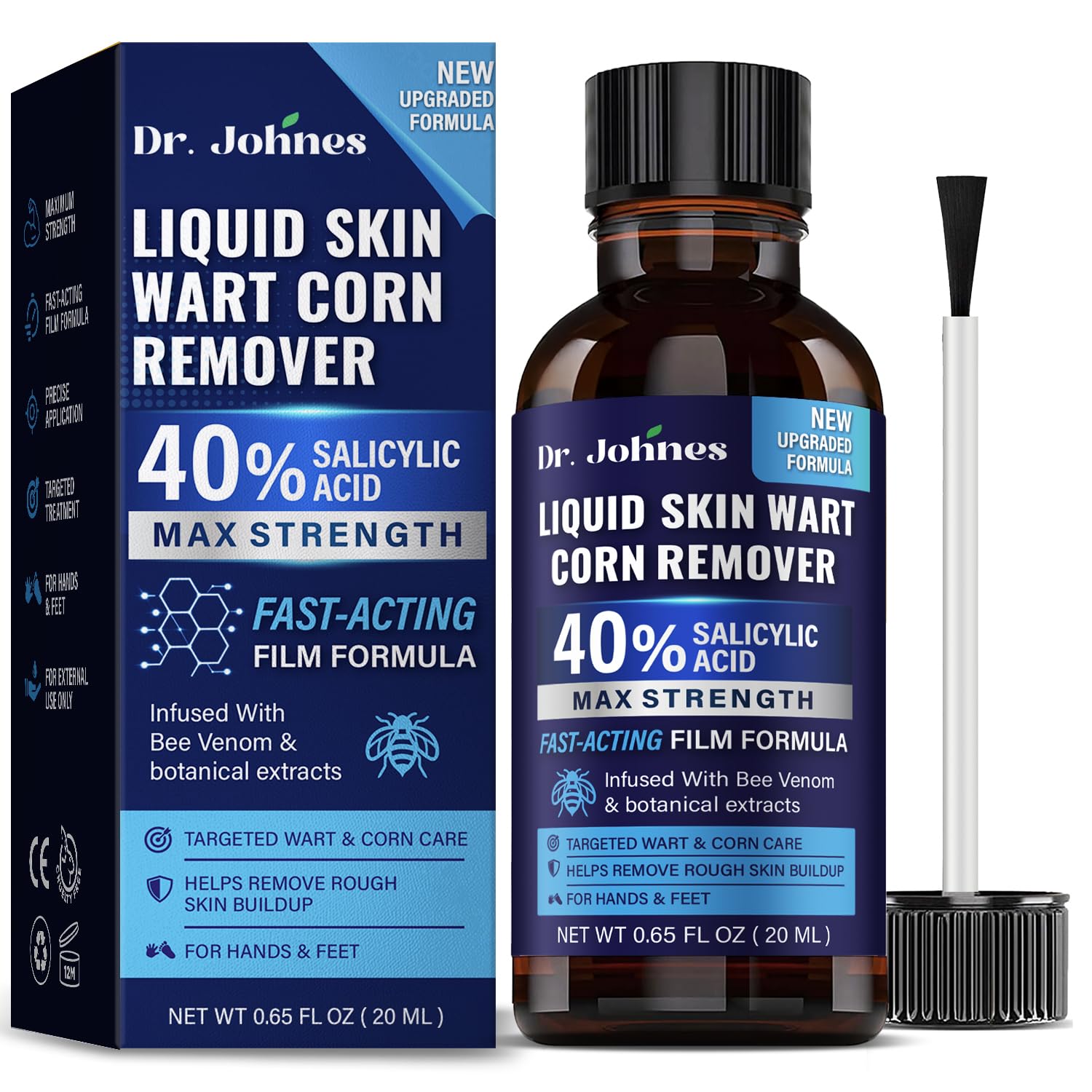 Fast-Acting Wart Remover Liquid: 40% Salicylic Acid Maximum Strength Plantar Wart and Corn Remover with Bee Venom for Hands, Feet and Toes