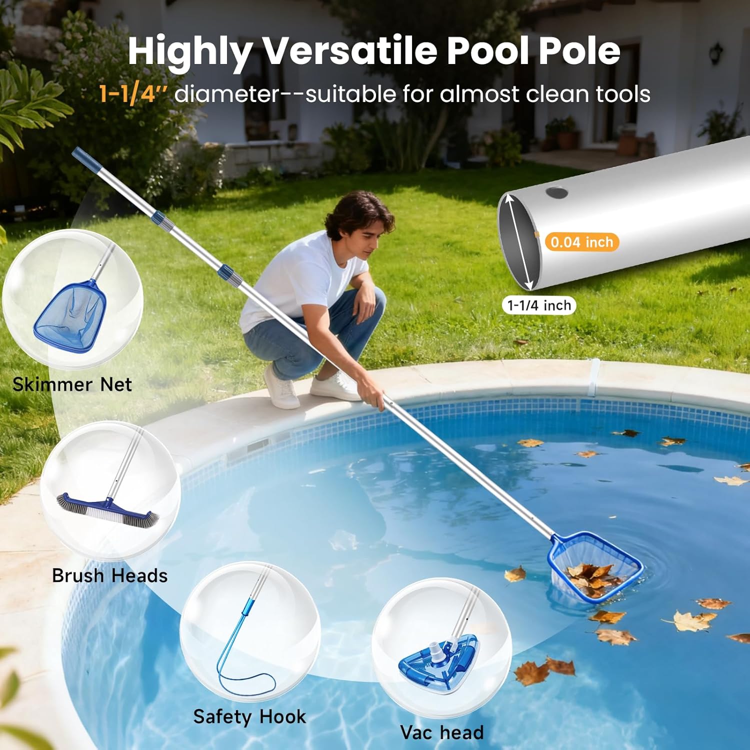 Pool Pole, 12FT Telescopic Pool Cleaning Pole, Professional Aluminum Swimming Pool Poles, 1-1/4" Universal Connector for Skimmer Net, Brush & Vacuum Head