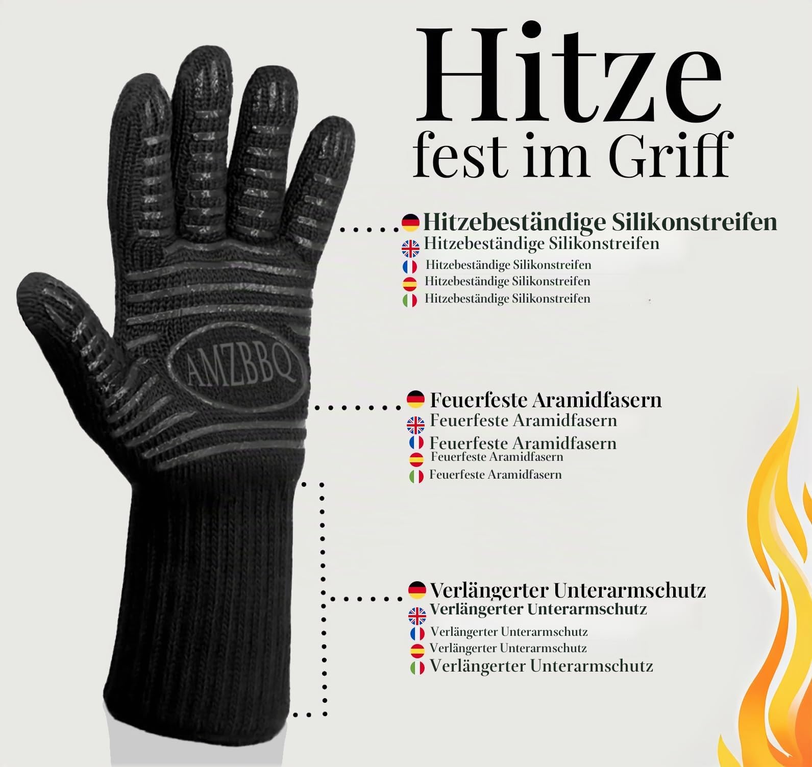 AMZBBQ® Premium Grillhandschuhe – Hitzebeständige Ofenhandschuhe bis 350°C – Flammhemmende Kaminhandschuhe – Topf- und Backofenhandschuhe – Grill- und Dutch Oven Zubehör - EN407 Zertifiziert Gr. L/XL