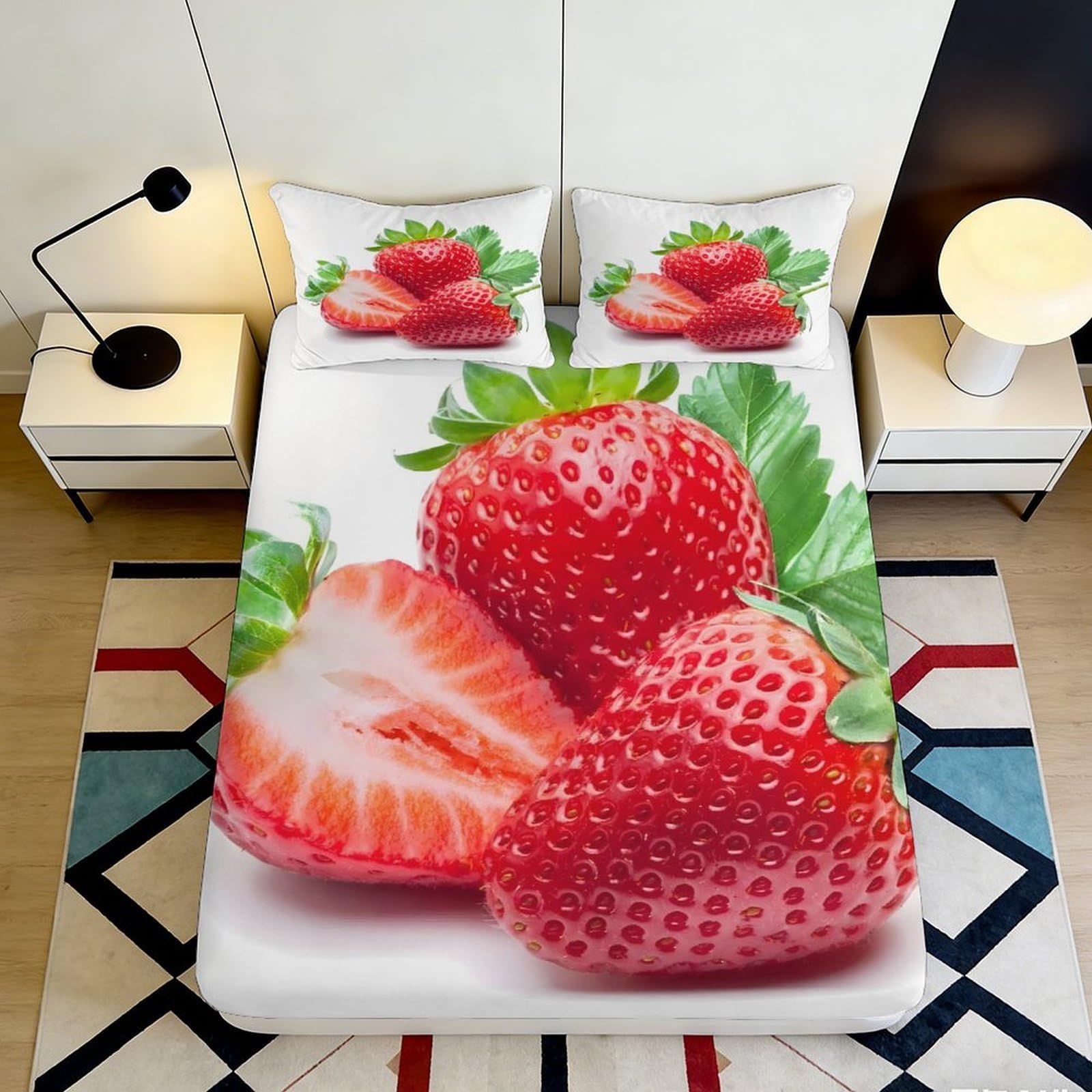 3D Printed Strawberry Fruit Fitted Sheet Microfiber Soft Anti-Slip Red Berry Bed Cover for Bedroom Guest Dorm Mattress Protection 160x200x25cm