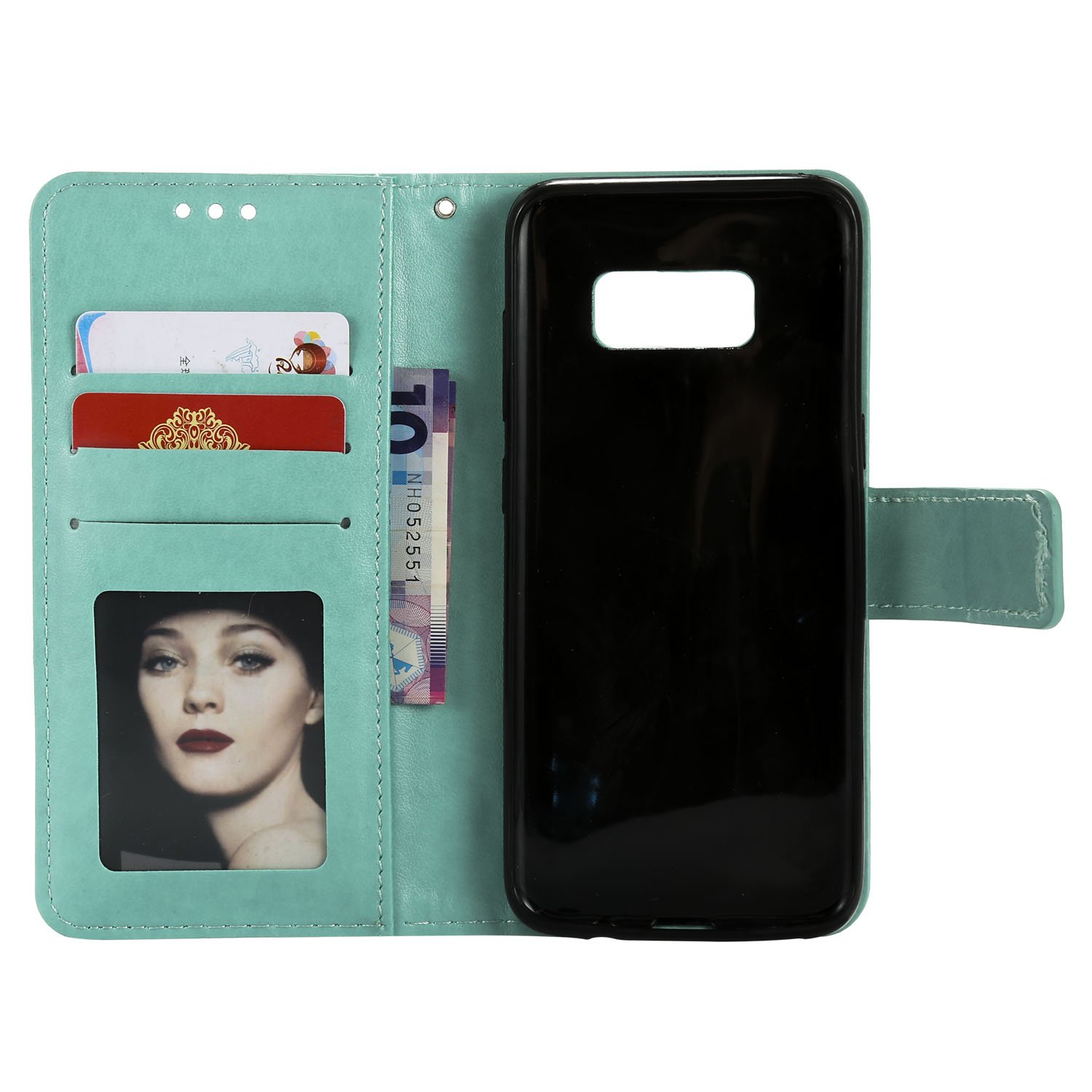 EYZUTAK Mandala Phone Cover for Samsung Galaxy S8, Ultra Slim Flip Case with Card Slot, Magnetic Closure, Embossing PU leather Case with Stand Function and Lanyard, Foldable Motif-Green