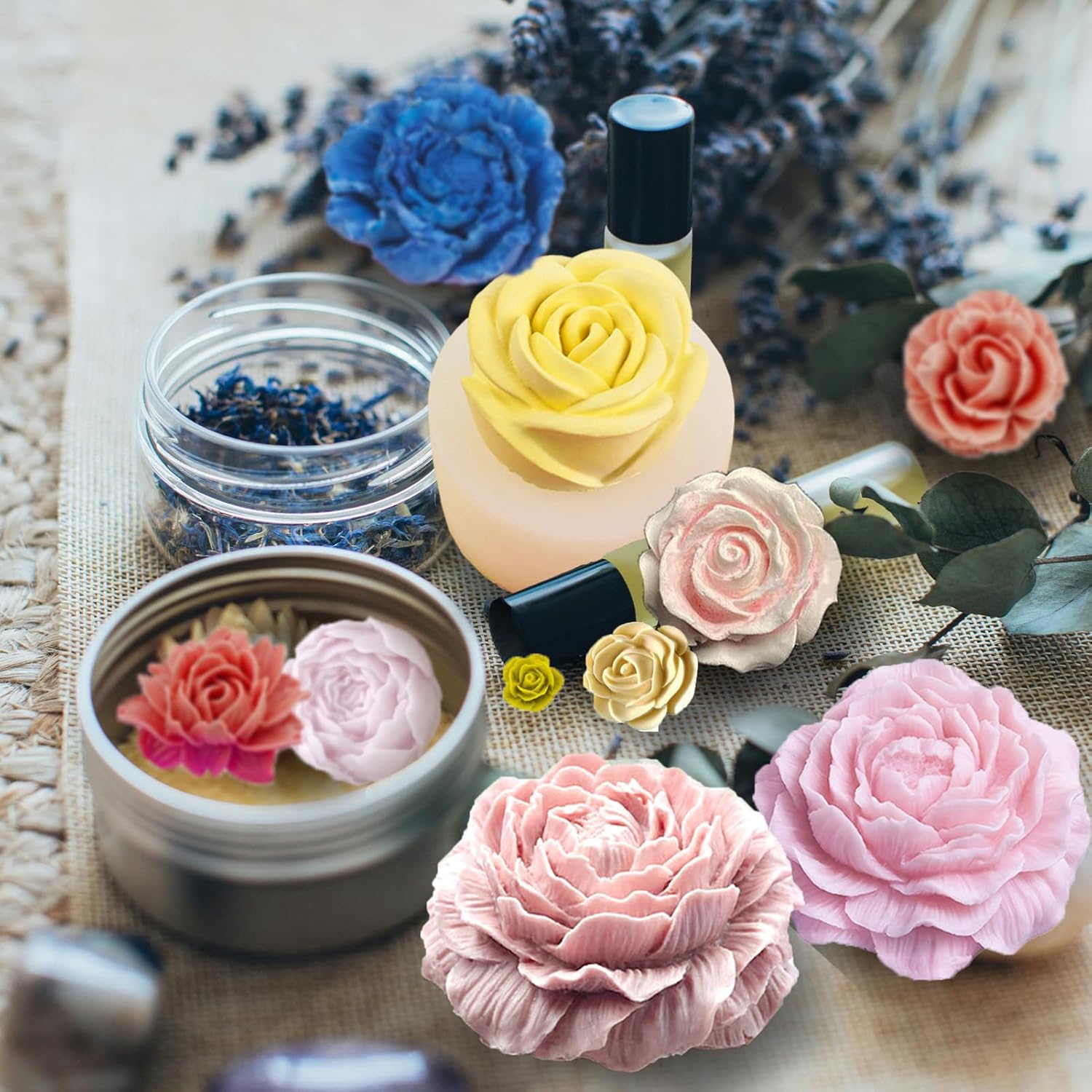 13 PCS Flower Silicone Candle Mold Flower Molds Candle Making Molds with Large-Eye Wicking Needle,Candlewick for Soy Wax, Beeswax, Candle Making Resin Cake Mold Clay Making Molds