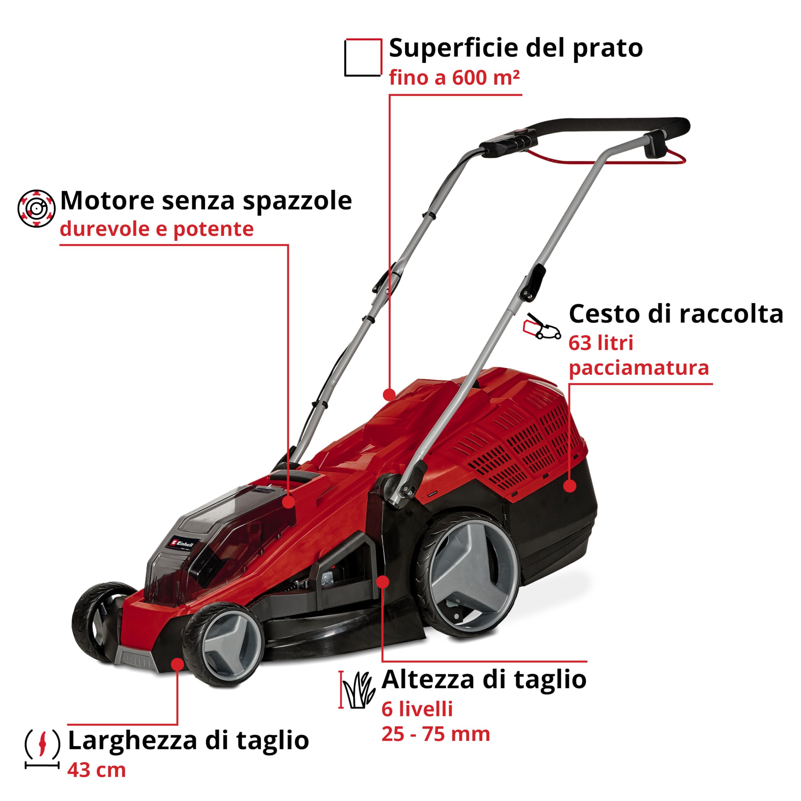 Einhell GE-CM 36/43 Li M - Solo Tagliaerba a batteria Power X-Change (36 V, taglio 43 cm, raccolta 63 L, ruote ant. 160 mm, kit mulching incluso, ruote post. 250 mm, senza batteria e caricabatteria)