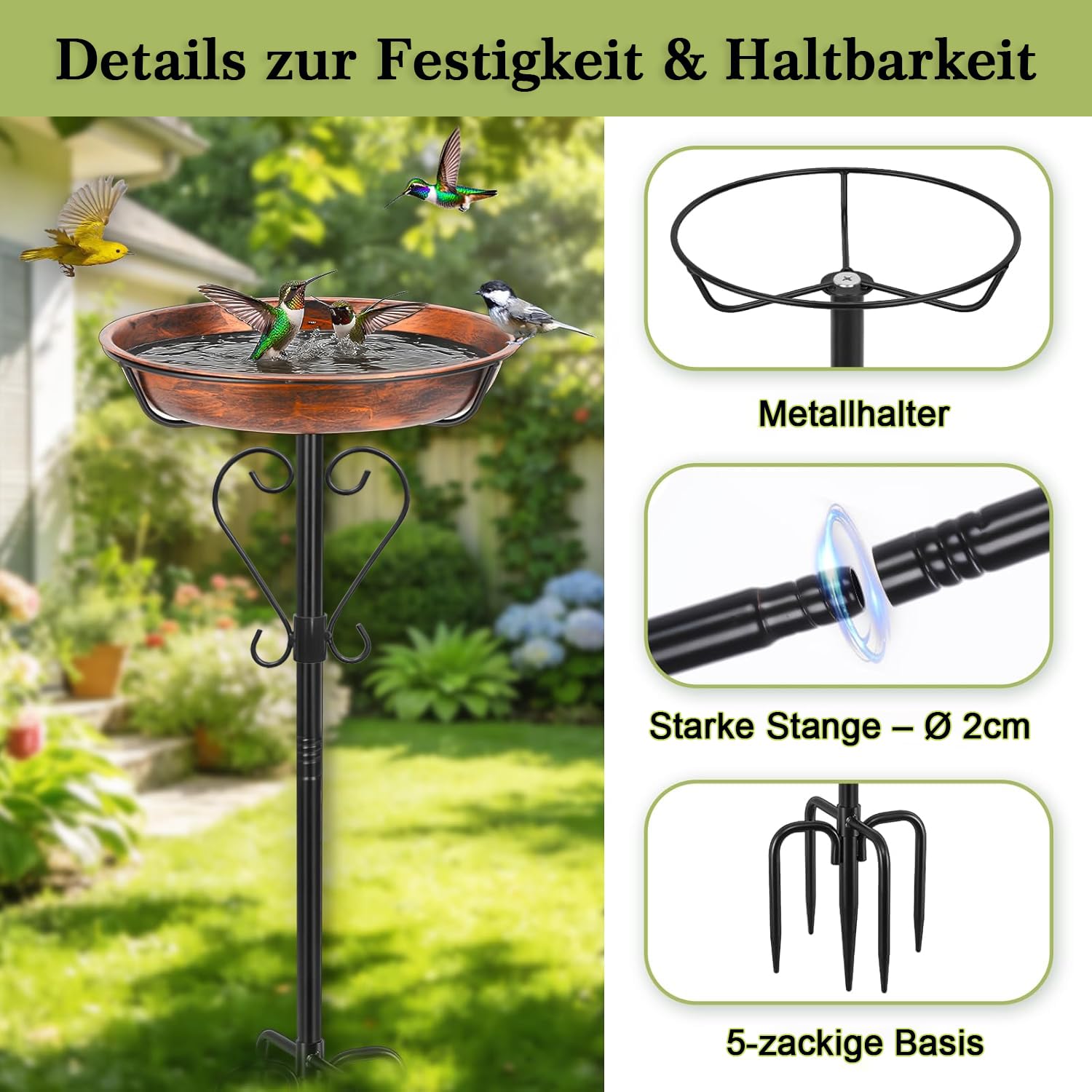 GREELUE Vogeltränke Stehend 30CM, Vogelbad für Garten Balkon, Metall Wassertränke für Wildvögel, Futter Schale Vogelbad Gartendeko Bird Bath (Antike Bronze-30cm)
