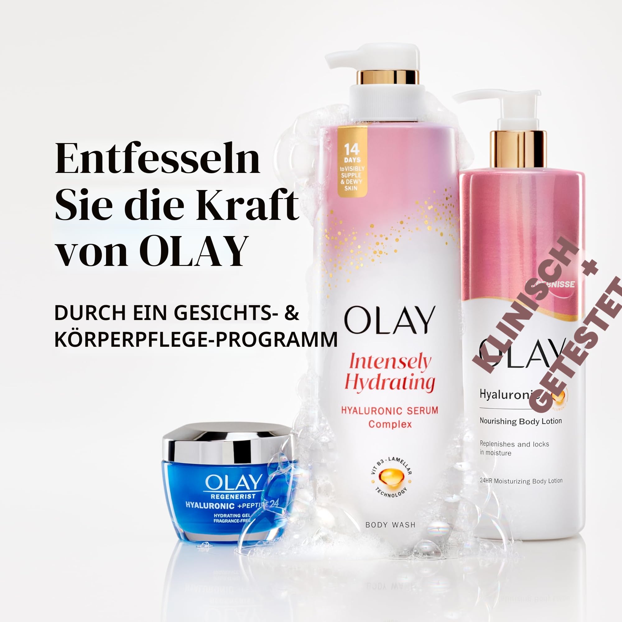 Olay Duschgel für Frauen, intensiv feuchtigkeitsspendend, Hyaluronsäure-Serum-Komplex, erneuert Feuchtigkeit, frei von Parabenen & Phthalaten, Vitamin B3 Lamellen-Technologie, für alle Hauttypen, 591