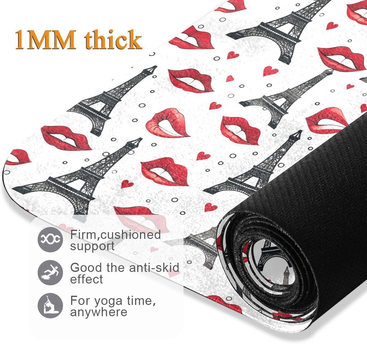 ALAZA Paris Eiffel Tower Red Lips Print Yoga Mat Non Slip Fitness Exercise Mat, Workout Mat for Yoga, Pilates and Floor Exercises