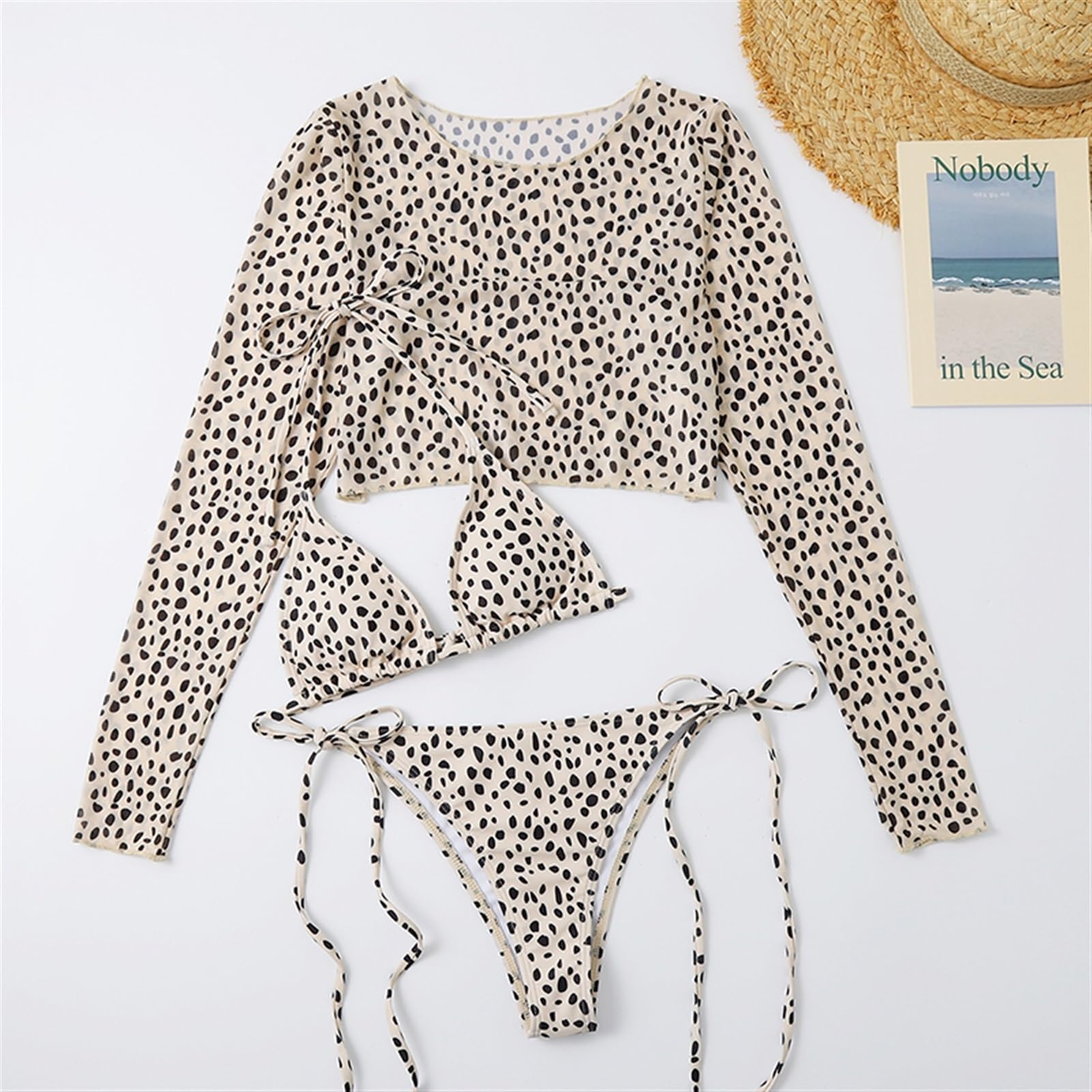 Bikini Sexy Set da 3 Pezzi Costume da Bagno A Maniche Lunghe con Stampa Leopardata Costume da Bagno da Donna A Vita Bassa Costumi da Bagno Femminili