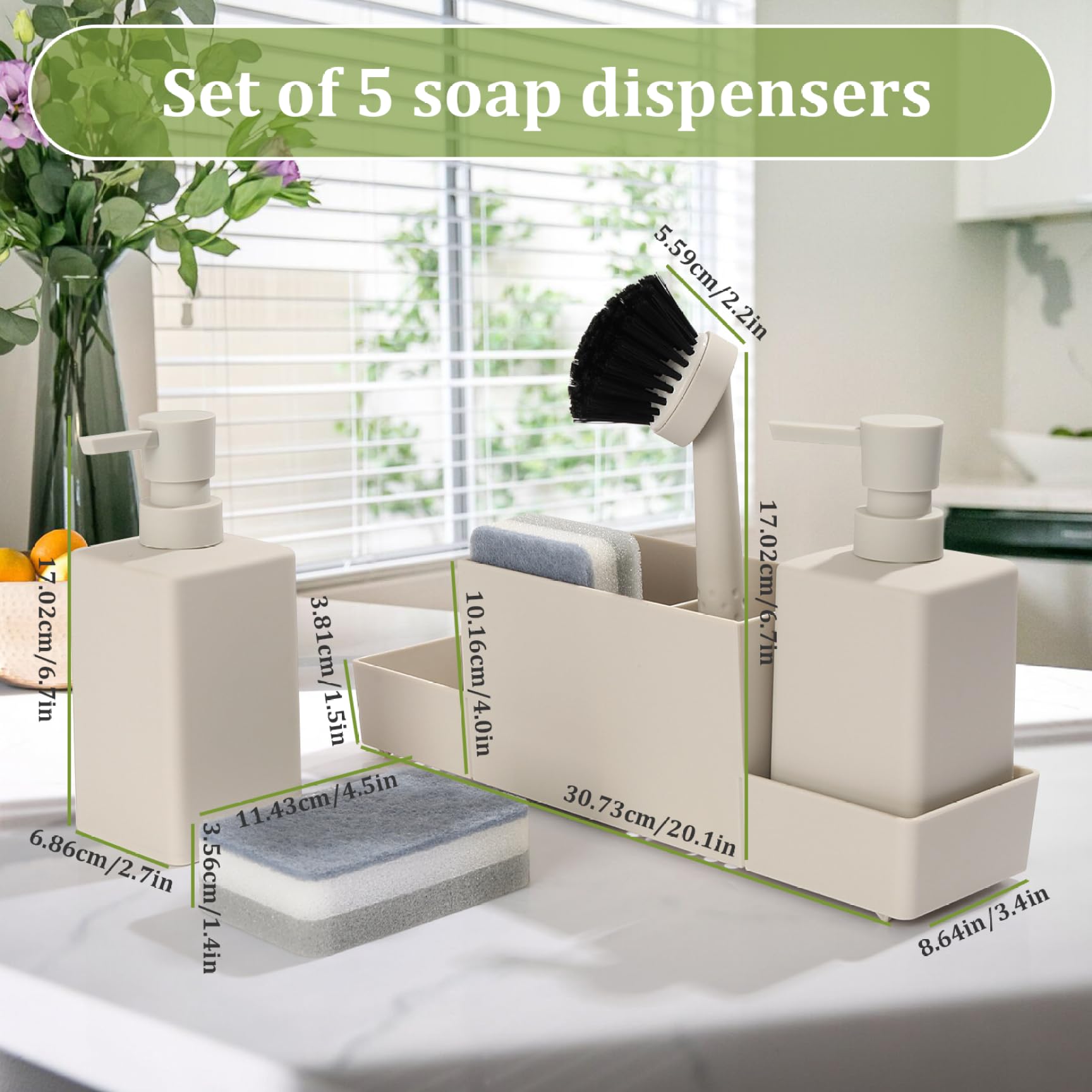Dispensateur de Savon de Cuisine régler 5pcs / régler Le Distributeur de Savon à Vaisselle en Plastique avec Support d'éponge, éponge et Brosse Accessoires de Cuisine Beige drainant..