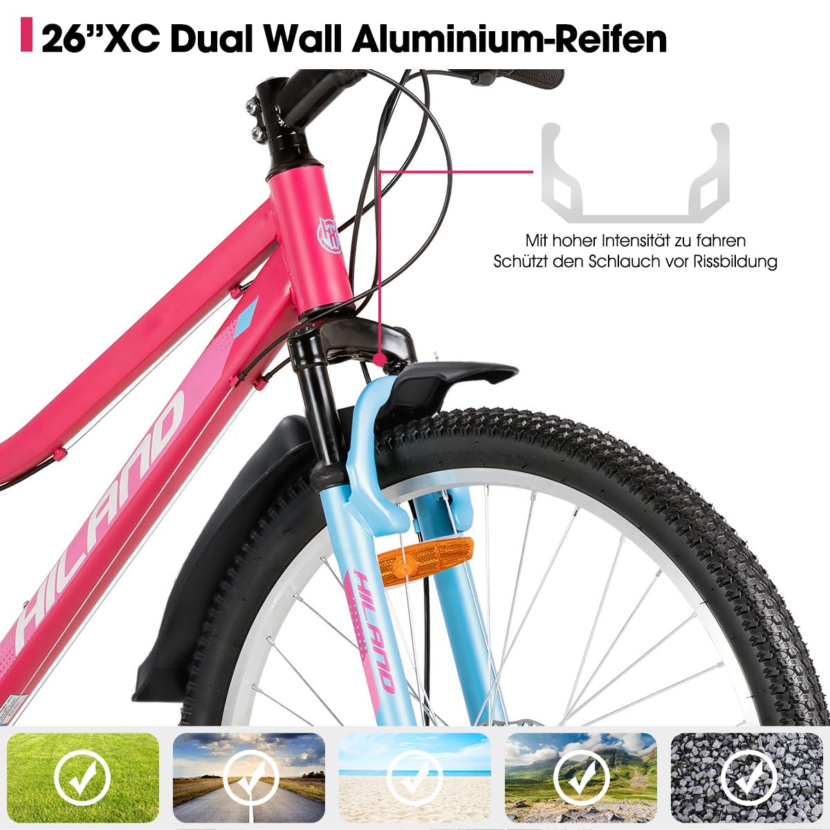 HILAND Mountain Bike Donna 26”, 18 Velocità, MTB con Telaio Step-Through e Forcella Ammortizzata, Bicicletta per Donna e Uomo Adulti, Verde/Rosa