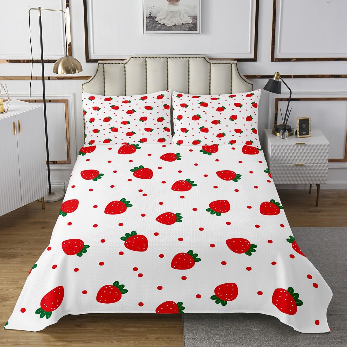 Cartoon Strawberry Bedspread Queen Size,Red Polka Dot Bedding Set 3Pcs for Kids Girls Woman Boys Room Decor,Sweet Fruits Comforter Set Cute White Soft Quilt Coverlet,2 Pillowcases