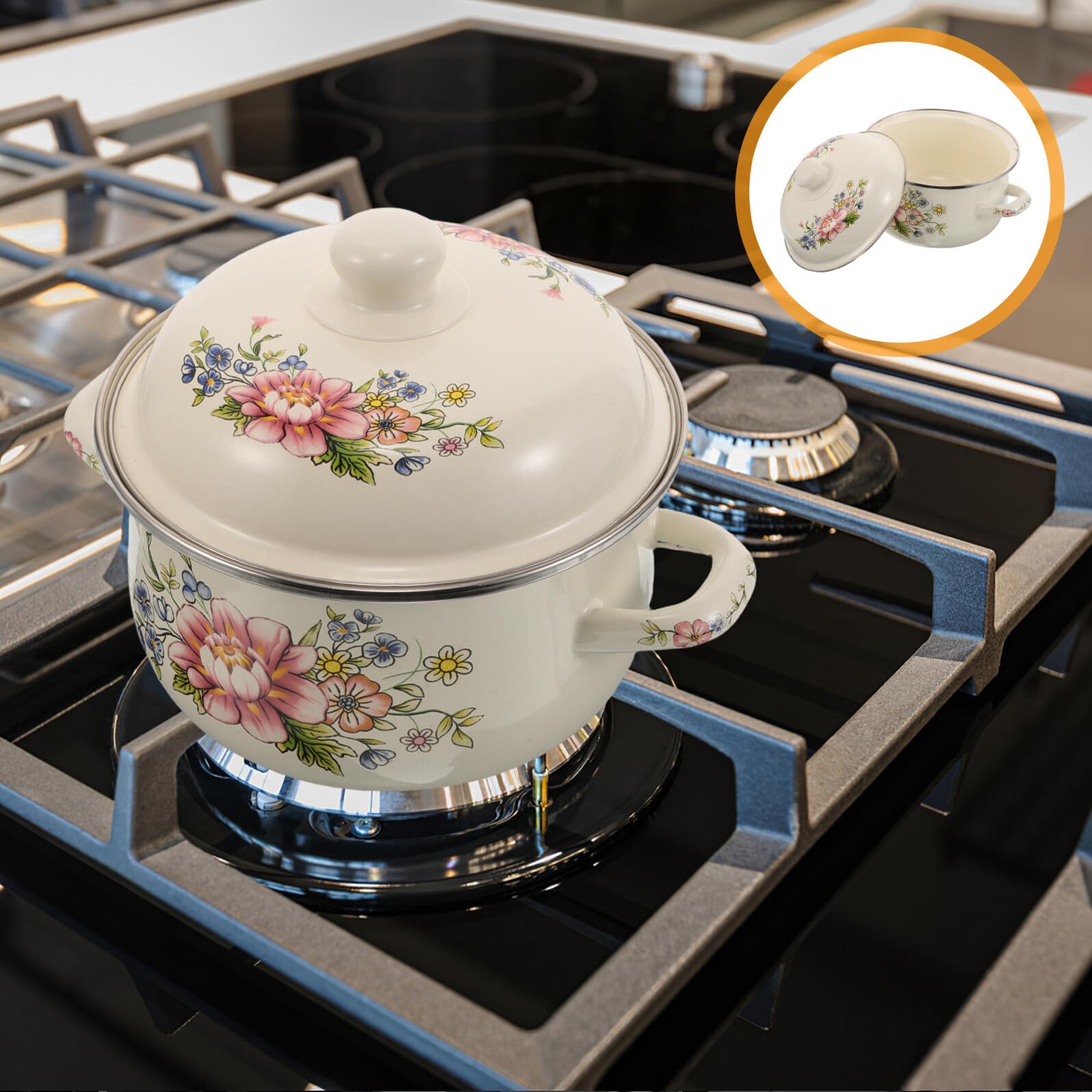 ULTECHNOVO Olla de Sopa Esmaltada Retro con Flor de Olla Pequeña para Caldo Apta para Cocina Eléctrica Gas con Tapa para Cocinar Fuego Lento