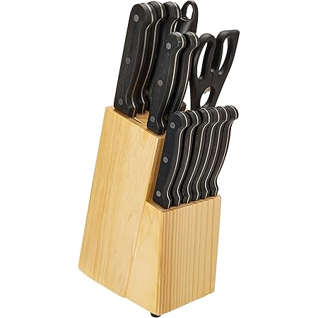 Amazon Basics 14-Piece Kitchen Knife Set with High-Carbon Stainless-Steel Blades and Pine Wood Block, Black
