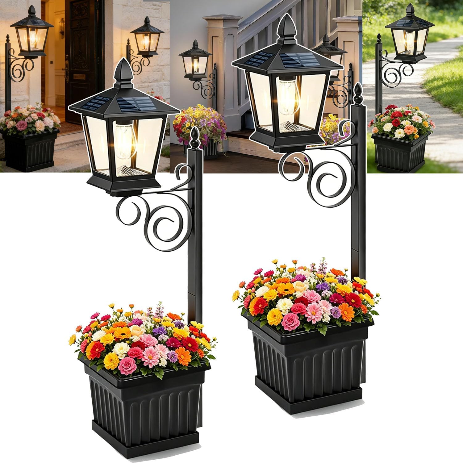 2-in-1 Outdoor Flower Pot Solar Floor Lamp, 2-in-1 Solar Lamp Post with Planter, IP65 Waterproof Auto On/Off, for Garden, Patio, Yard, Front Porch, Back Door (2 pcs)