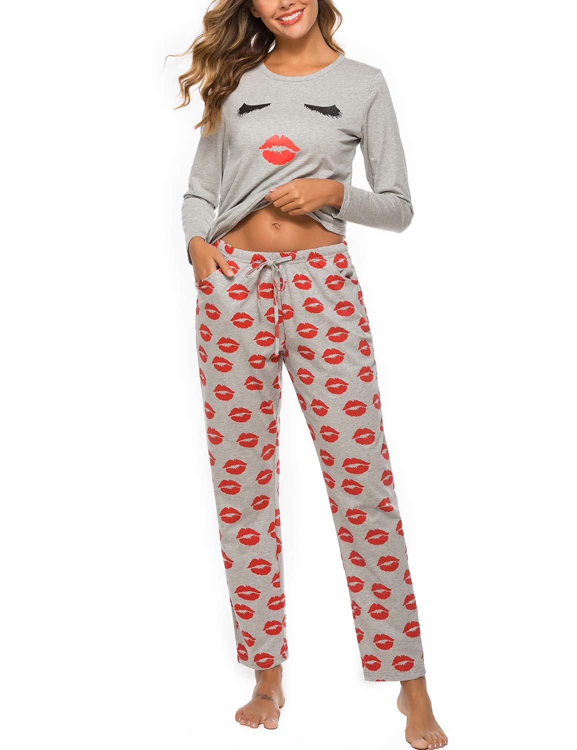 EISHOPEER Womens 2 Piece Cotton Long Sleeve Pajamas Set Cute Print Top and Pants Pjs Loungewear Sleepwear Sets